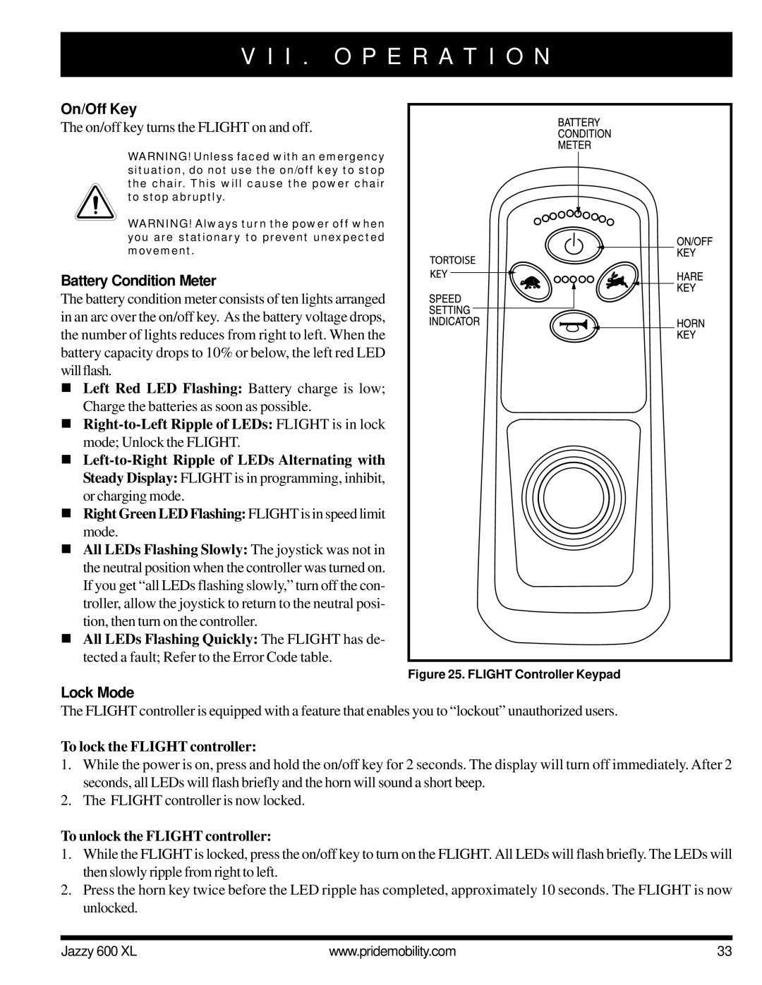 Pride Mobility Jazzy 600 XL owner manual On/Off Key, Battery Condition Meter, Lock Mode, To lock the Flight controller 