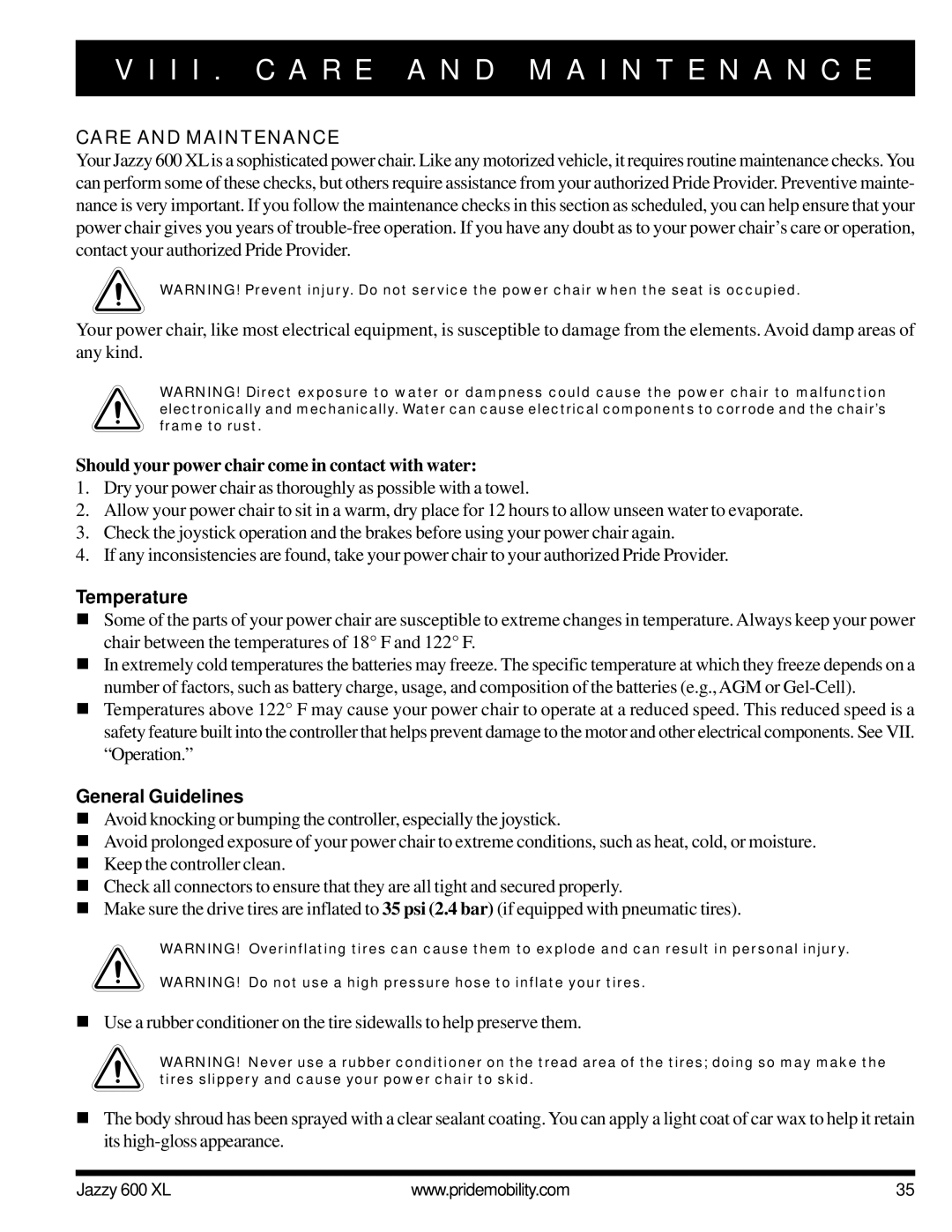 Pride Mobility Jazzy 600 XL owner manual I I . C a R E a N D M a I N T E N a N C E, Care and Maintenance, Temperature 