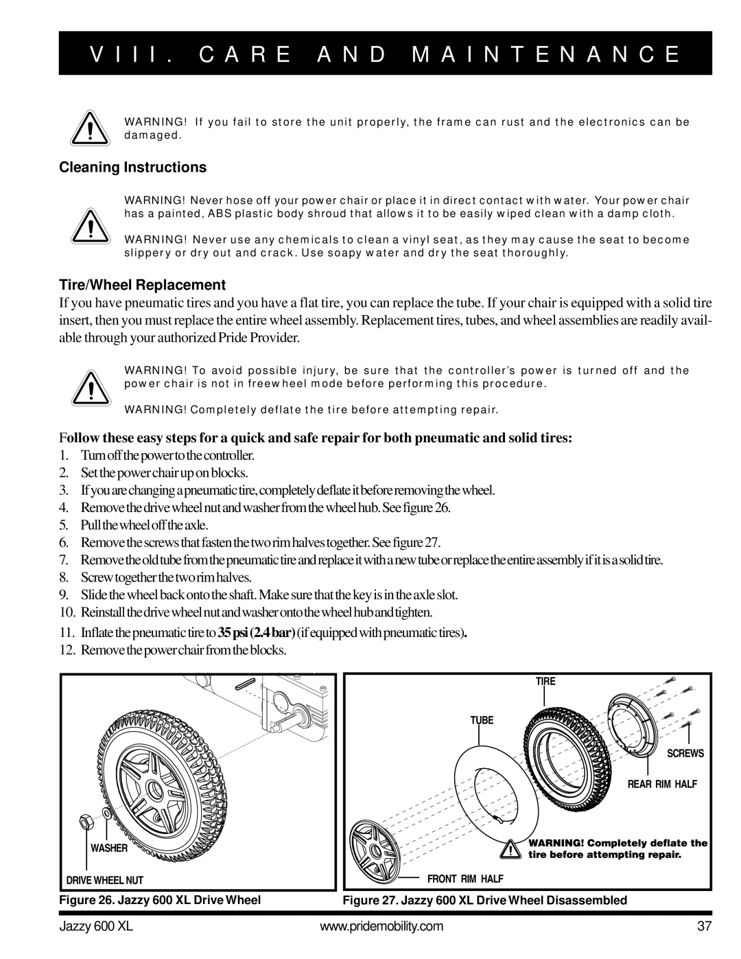 Pride Mobility owner manual Cleaning Instructions Tire/Wheel Replacement, Jazzy 600 XL Drive Wheel 