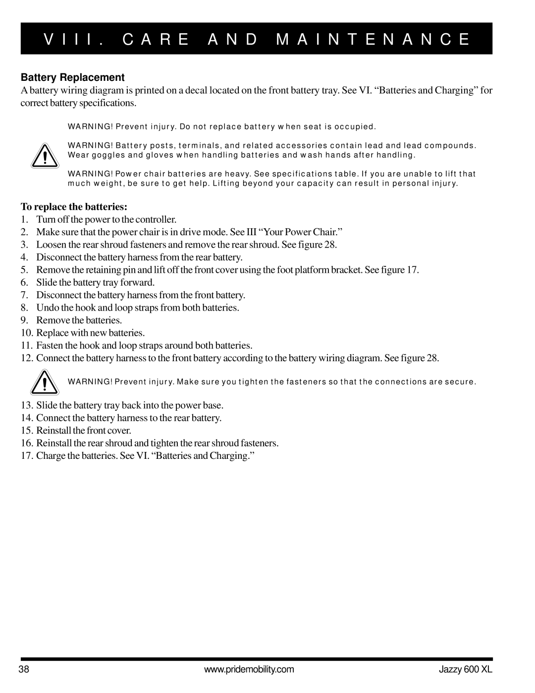 Pride Mobility Jazzy 600 XL owner manual Battery Replacement, To replace the batteries 