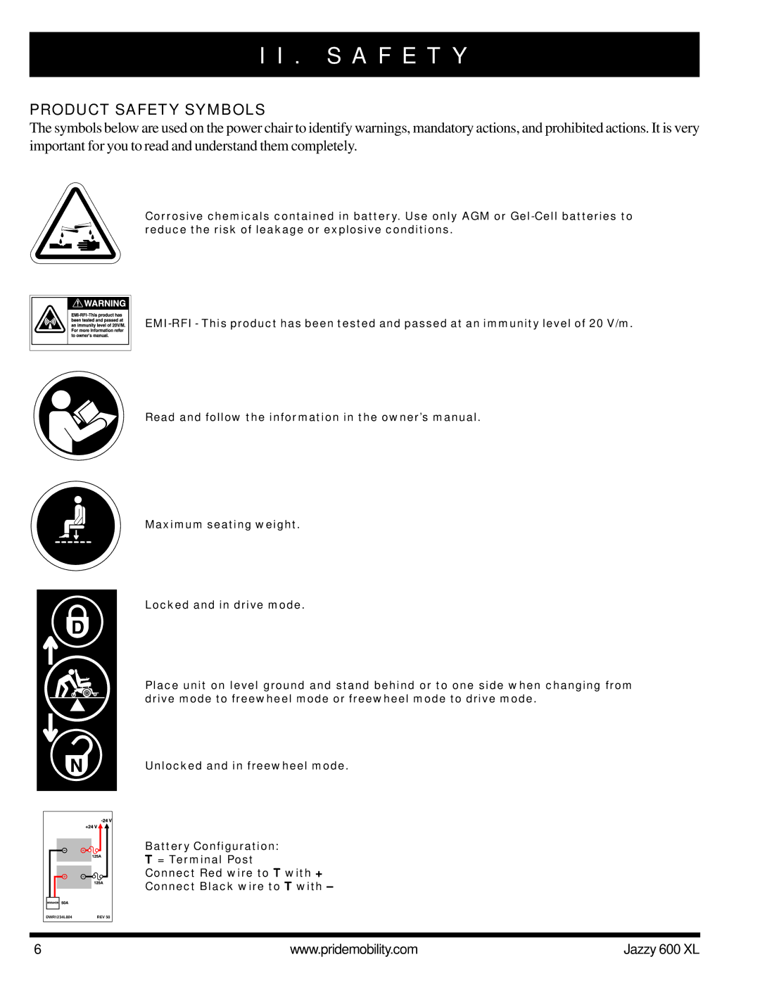 Pride Mobility Jazzy 600 XL owner manual S a F E T Y, Product Safety Symbols 