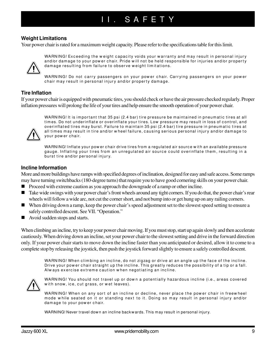 Pride Mobility Jazzy 600 XL owner manual Weight Limitations, Tire Inflation, Incline Information 