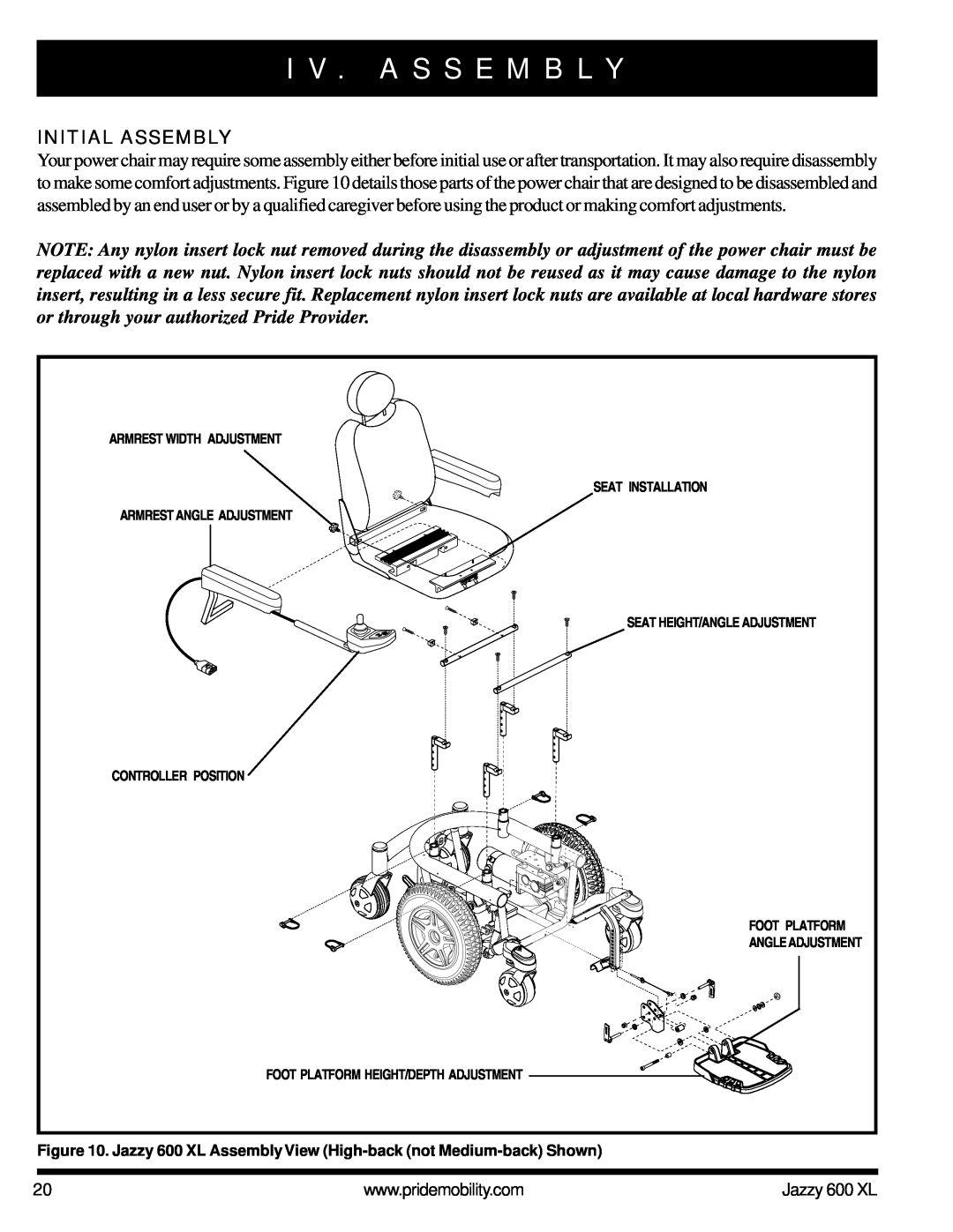 Pride Mobility Jazzy 600 XL owner manual I V . A S S E M B L Y, Initial Assembly 