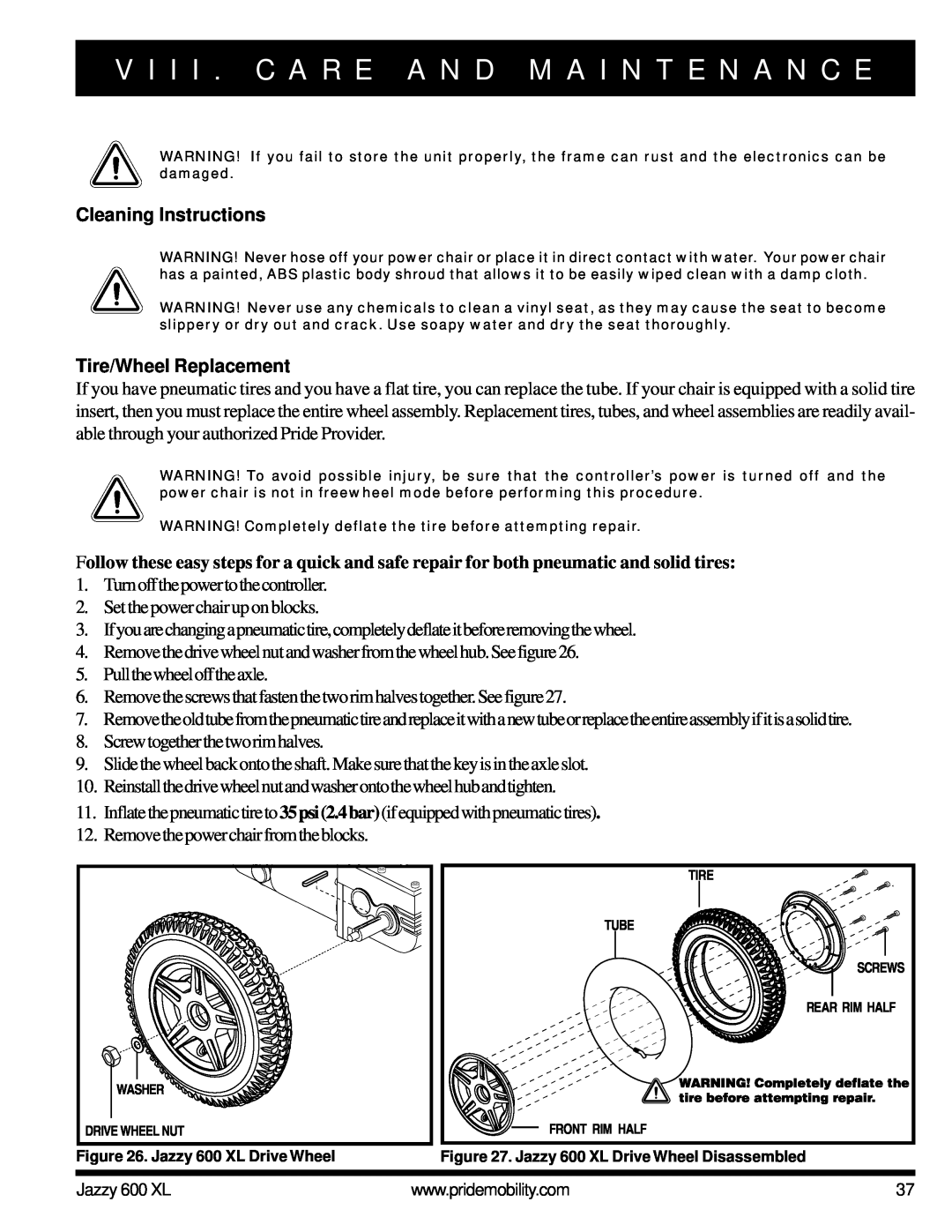 Pride Mobility Jazzy 600 XL Cleaning Instructions, Tire/Wheel Replacement, V I I I . C A R E A N D M A I N T E N A N C E 