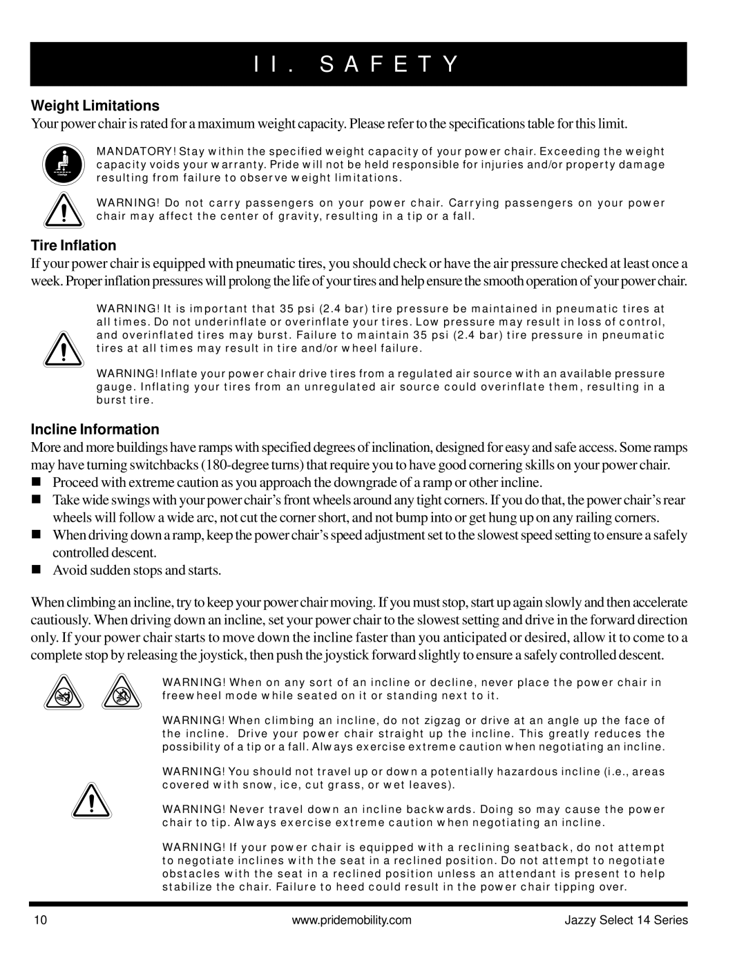 Pride Mobility Jazzy Select 14, Jazzy Select 14XL manual Weight Limitations, Tire Inflation, Incline Information 