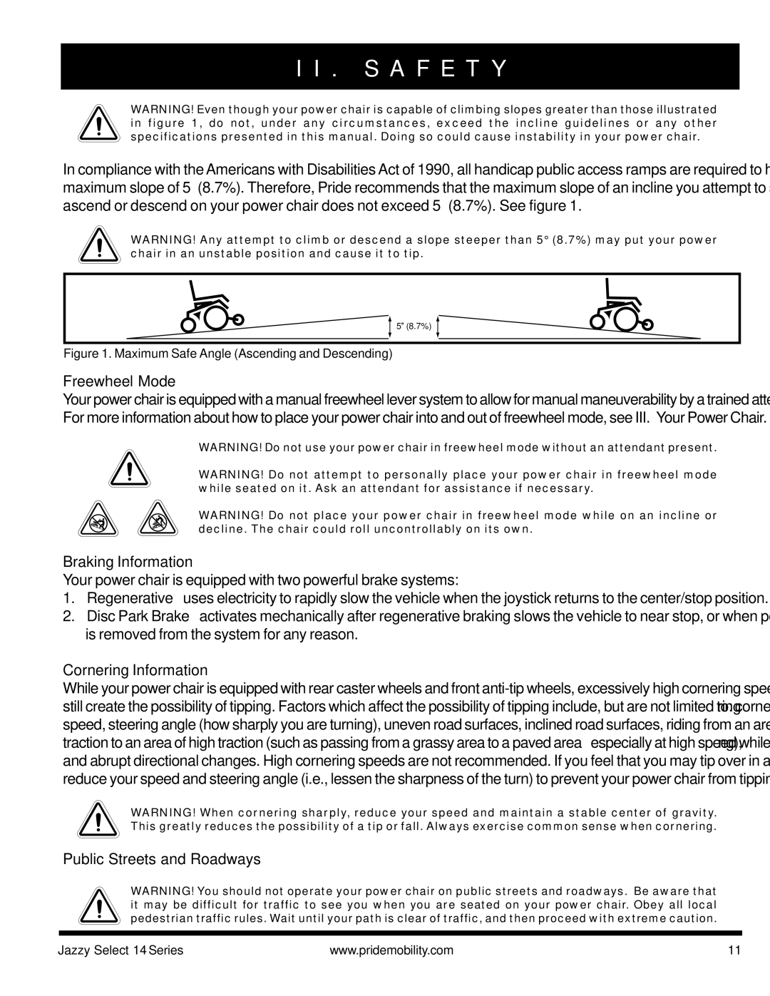 Pride Mobility Jazzy Select 14, Jazzy Select 14XL manual Freewheel Mode, Braking Information, Cornering Information 