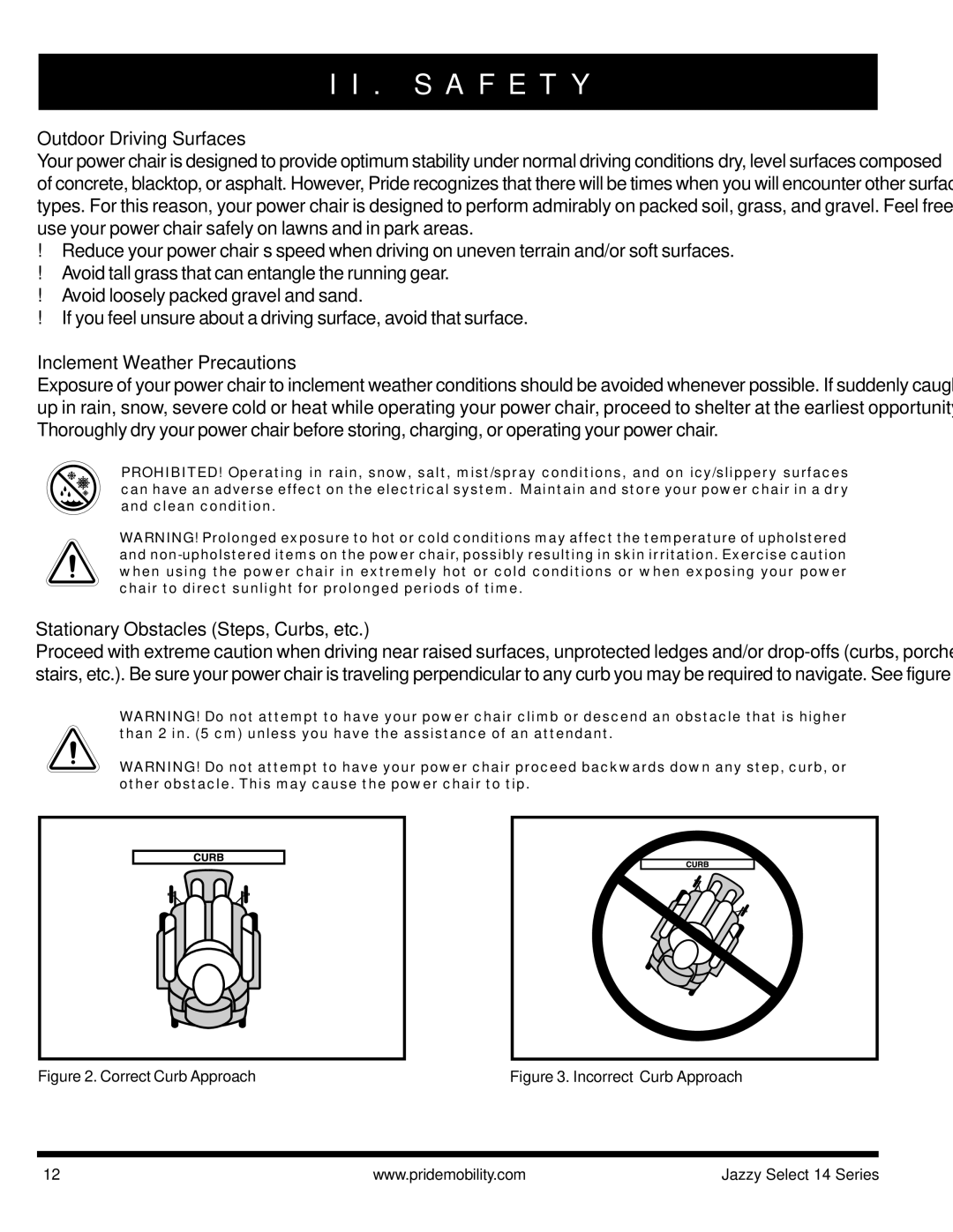 Pride Mobility Jazzy Select 14, Jazzy Select 14XL manual Outdoor Driving Surfaces, Inclement Weather Precautions 