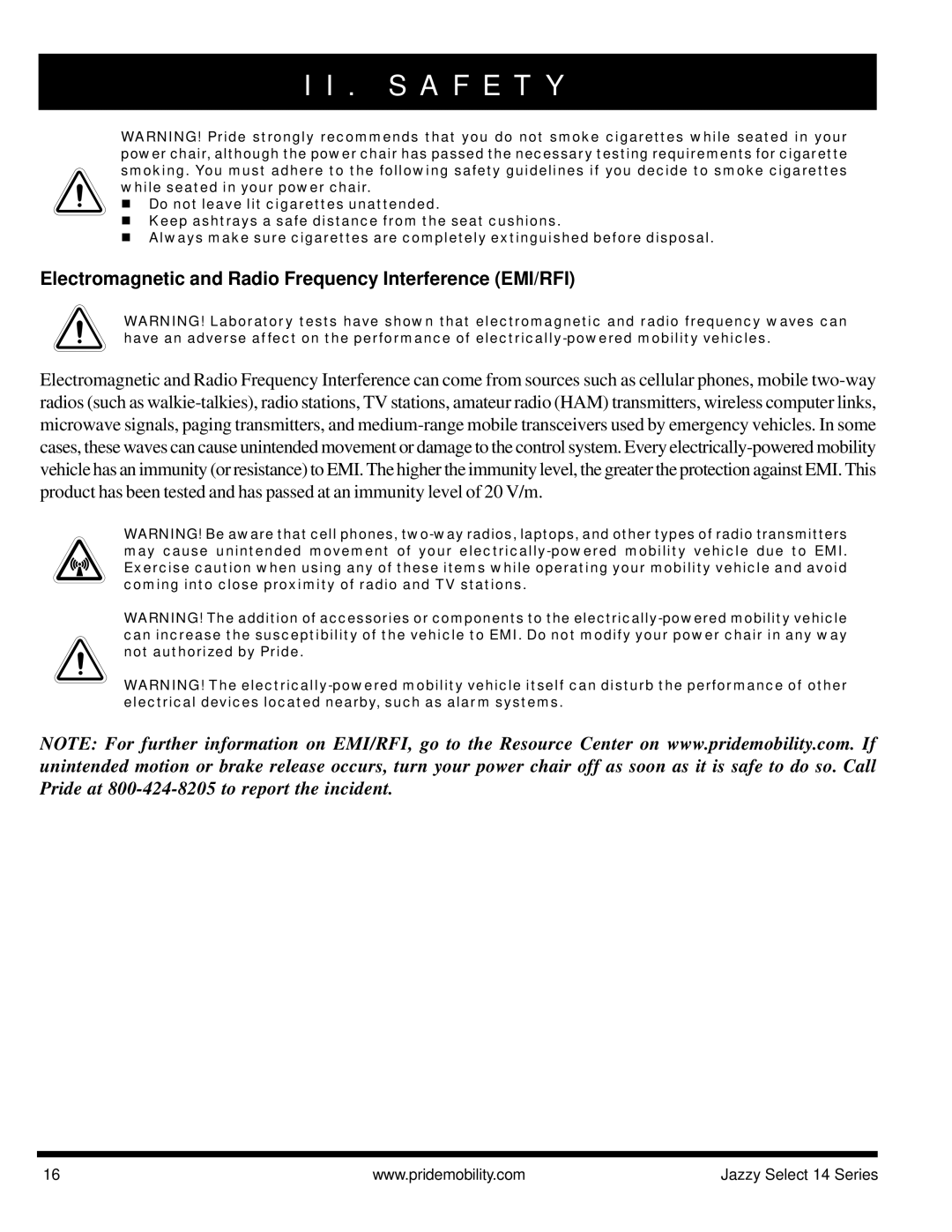 Pride Mobility Jazzy Select 14 manual Electromagnetic and Radio Frequency Interference EMI/RFI 