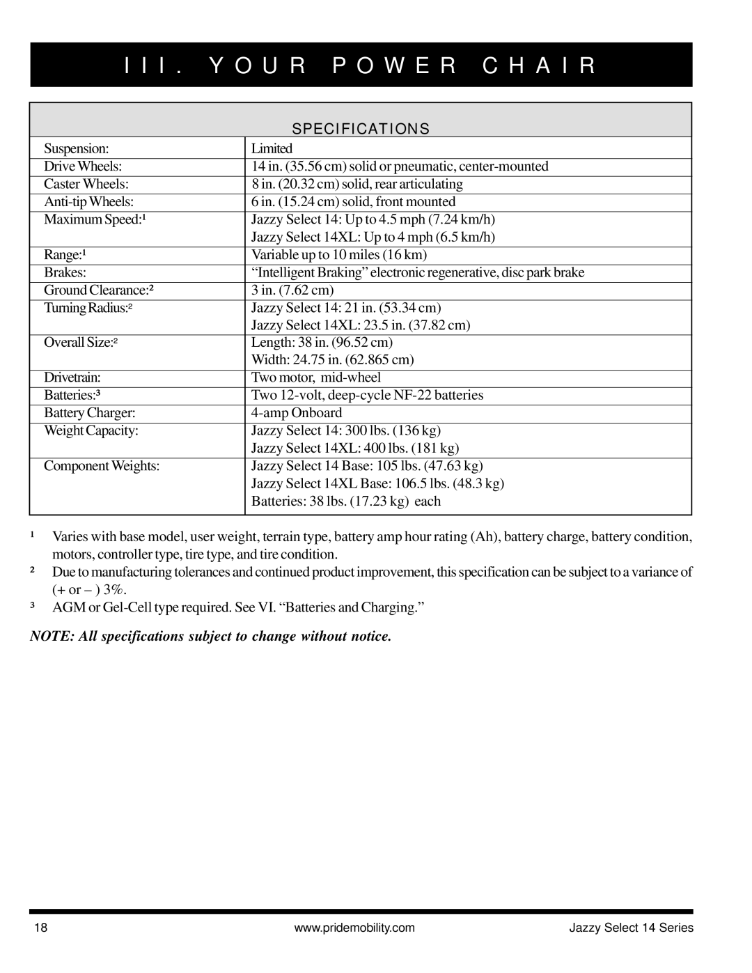 Pride Mobility Jazzy Select 14, Jazzy Select 14XL manual Specifications 