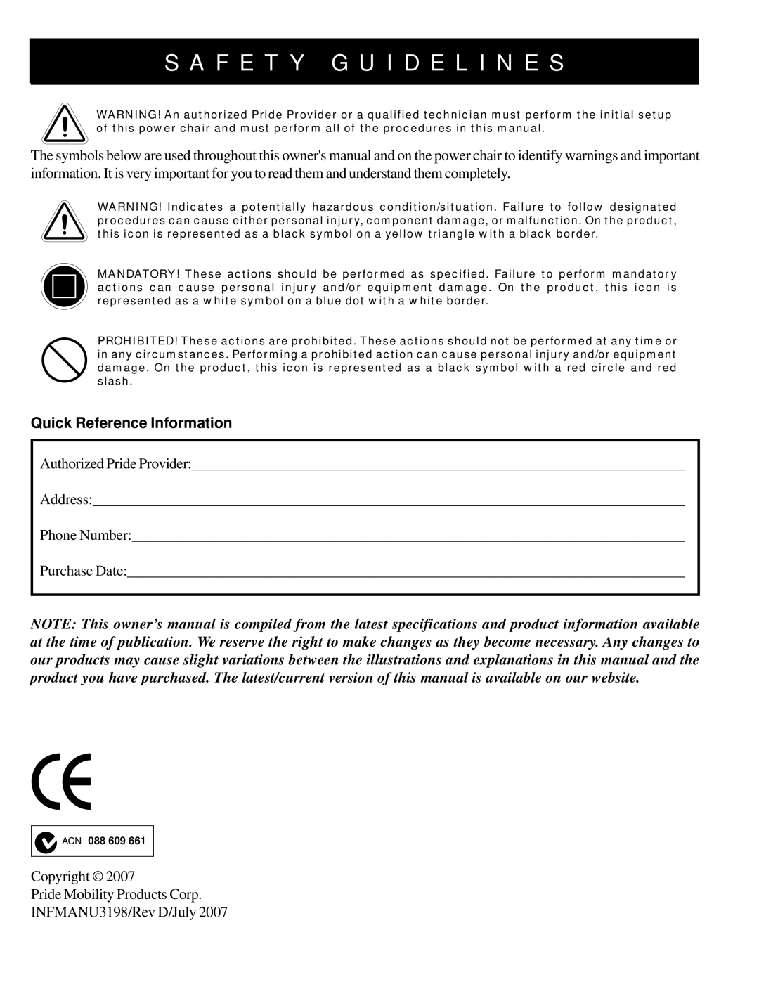 Pride Mobility Jazzy Select 14 manual F E T Y G U I D E L I N E S, Quick Reference Information 