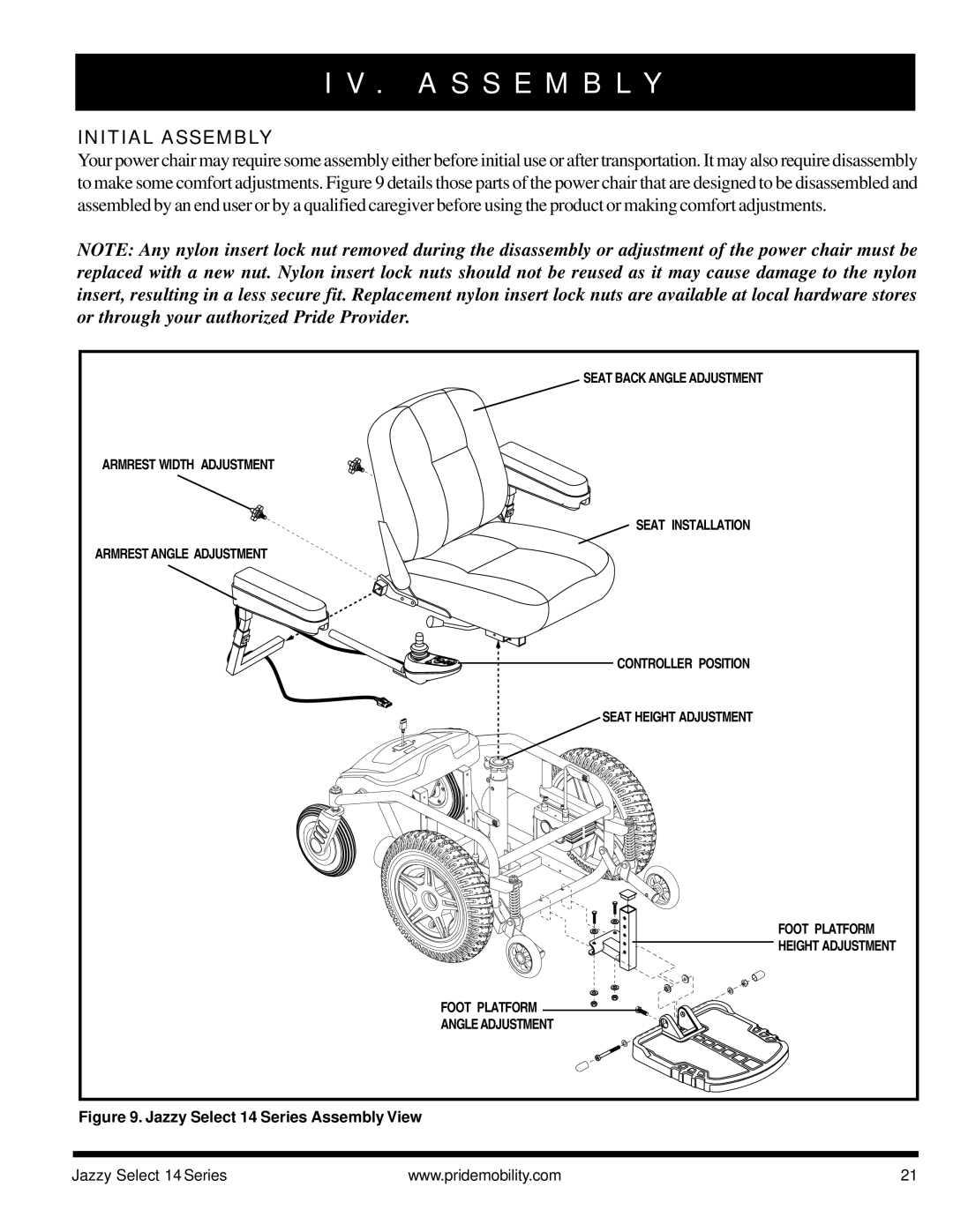 Pride Mobility Jazzy Select 14, Jazzy Select 14XL manual A S S E M B L Y, Initial Assembly 