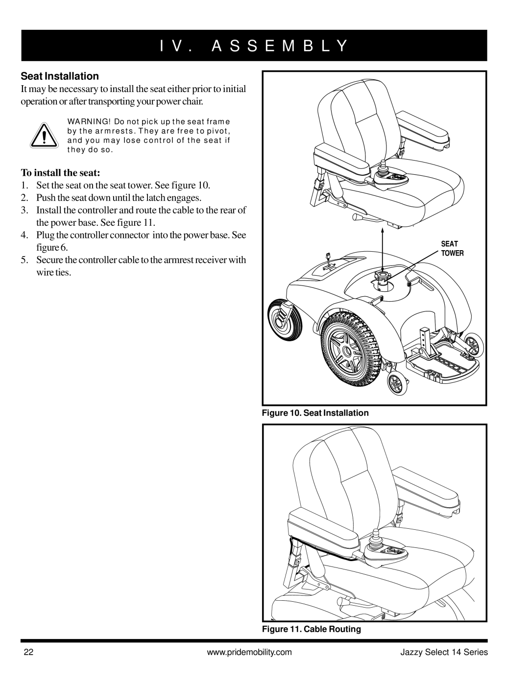 Pride Mobility Jazzy Select 14, Jazzy Select 14XL manual Seat Installation, To install the seat 