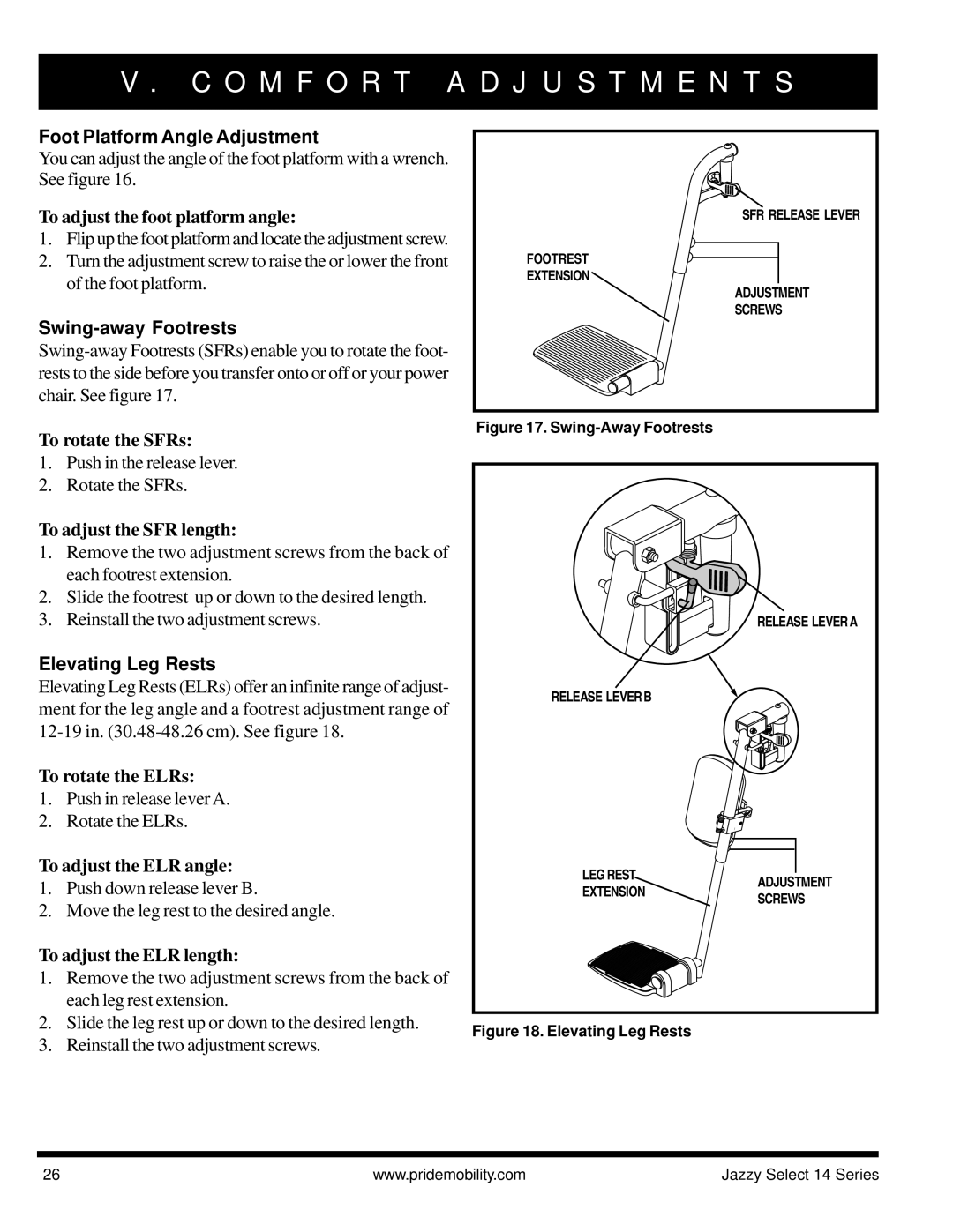 Pride Mobility Jazzy Select 14 manual Foot Platform Angle Adjustment, Swing-away Footrests, Elevating Leg Rests 