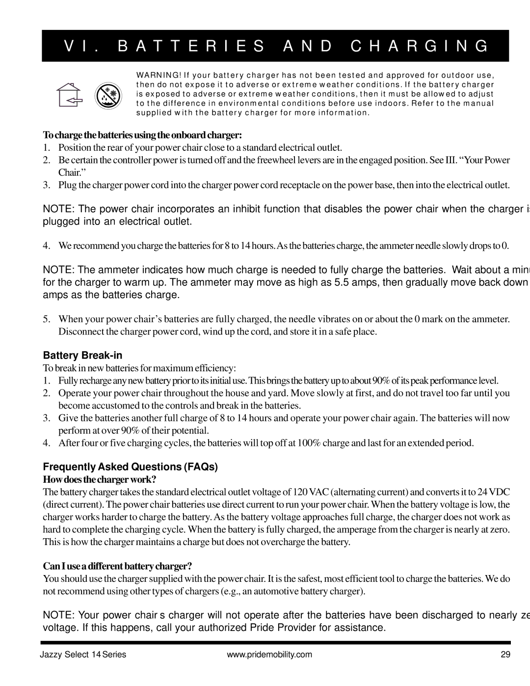 Pride Mobility Jazzy Select 14, Jazzy Select 14XL To charge the batteries using the onboard charger, Battery Break-in 