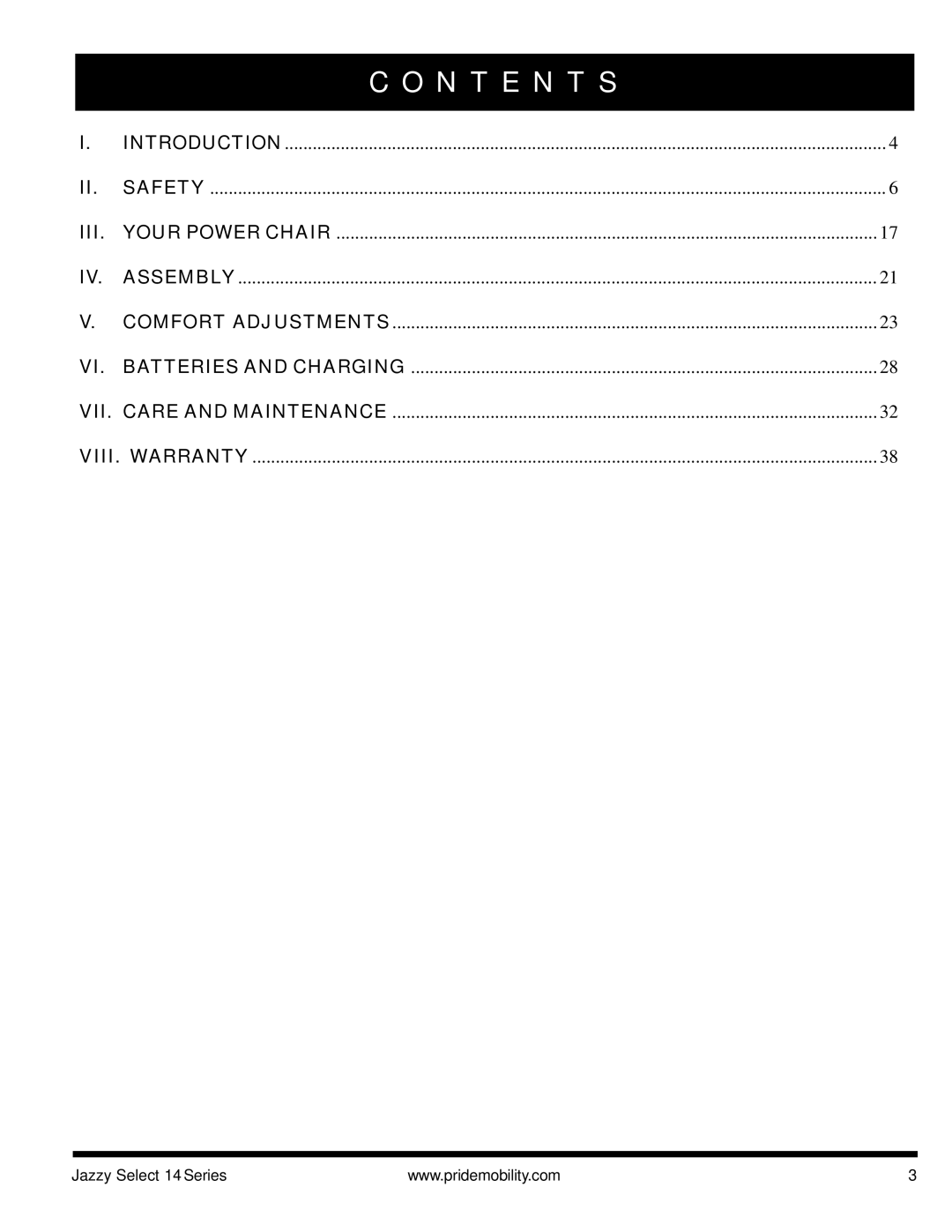 Pride Mobility Jazzy Select 14, Jazzy Select 14XL manual N T E N T S, Iii 