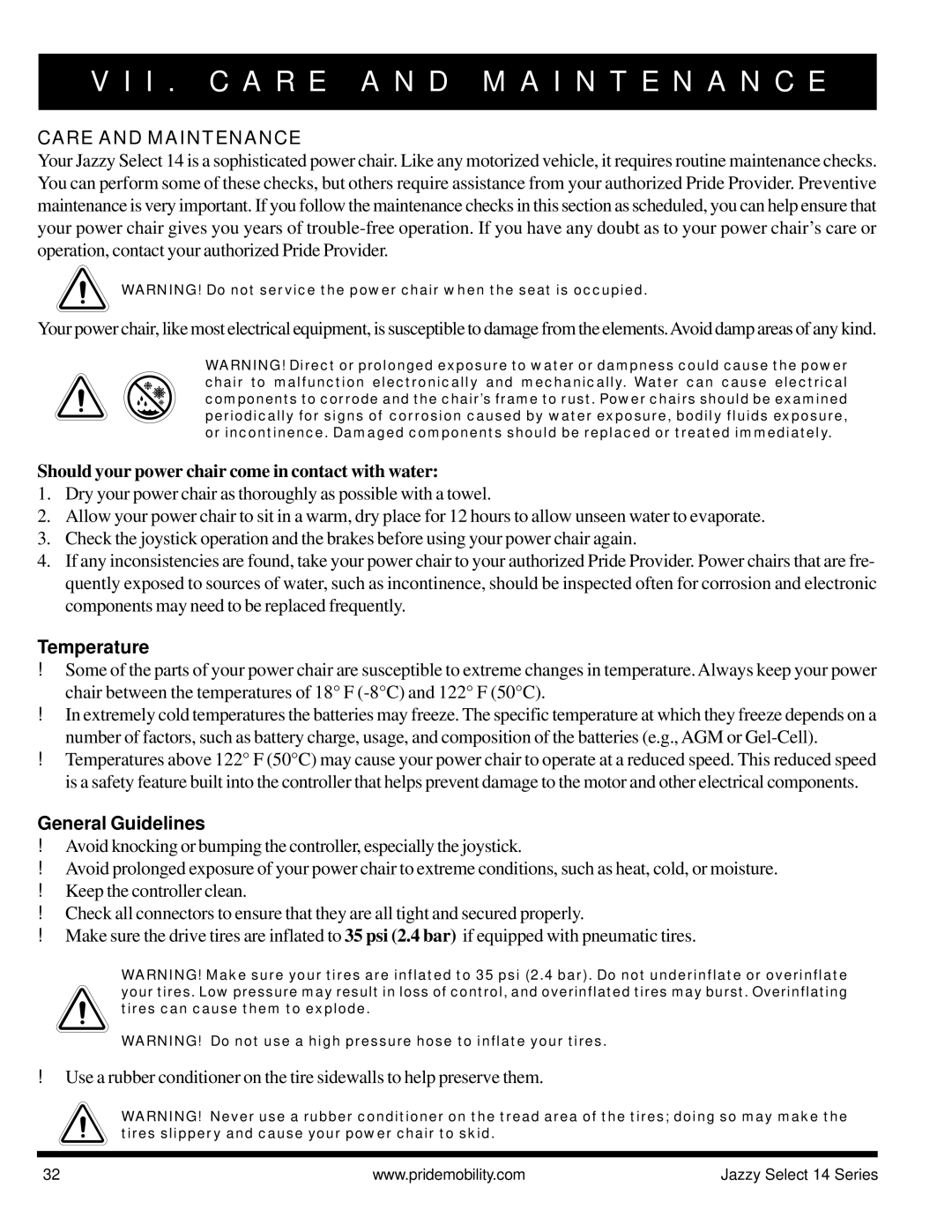 Pride Mobility Jazzy Select 14 manual I . C a R E a N D M a I N T E N a N C E, Care and Maintenance, Temperature 
