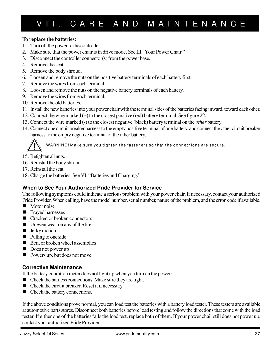 Pride Mobility Jazzy Select 14, Jazzy Select 14XL manual To replace the batteries, Corrective Maintenance 