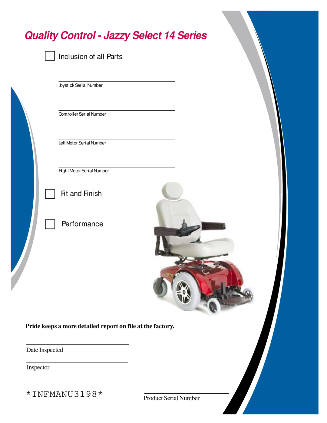 Pride Mobility Jazzy Select 14, Jazzy Select 14XL manual Quality Control Jazzy Select 14 Series 