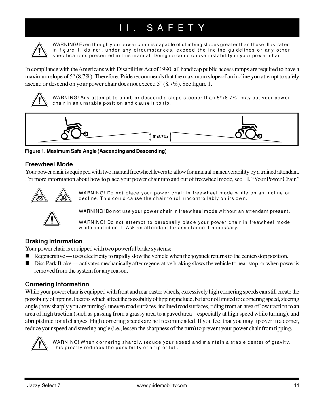 Pride Mobility Jazzy Select 7 manual Freewheel Mode, Braking Information, Cornering Information 