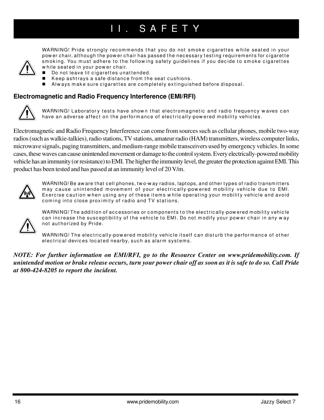 Pride Mobility Jazzy Select 7 manual Electromagnetic and Radio Frequency Interference EMI/RFI 