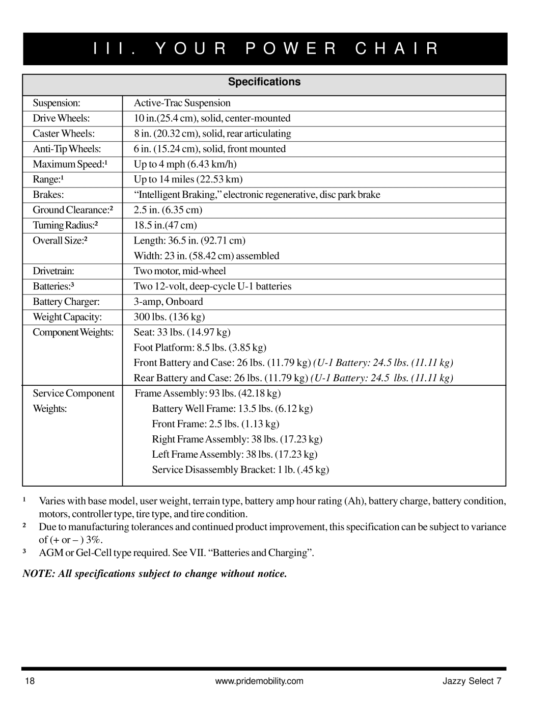 Pride Mobility Jazzy Select 7 manual Specifications 