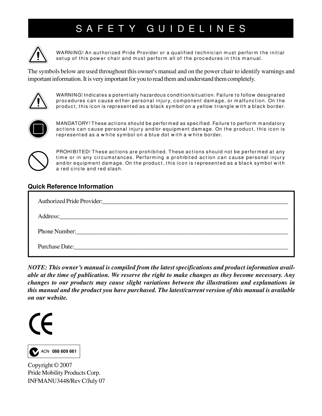 Pride Mobility Jazzy Select 7 manual F E T Y G U I D E L I N E S, Quick Reference Information 