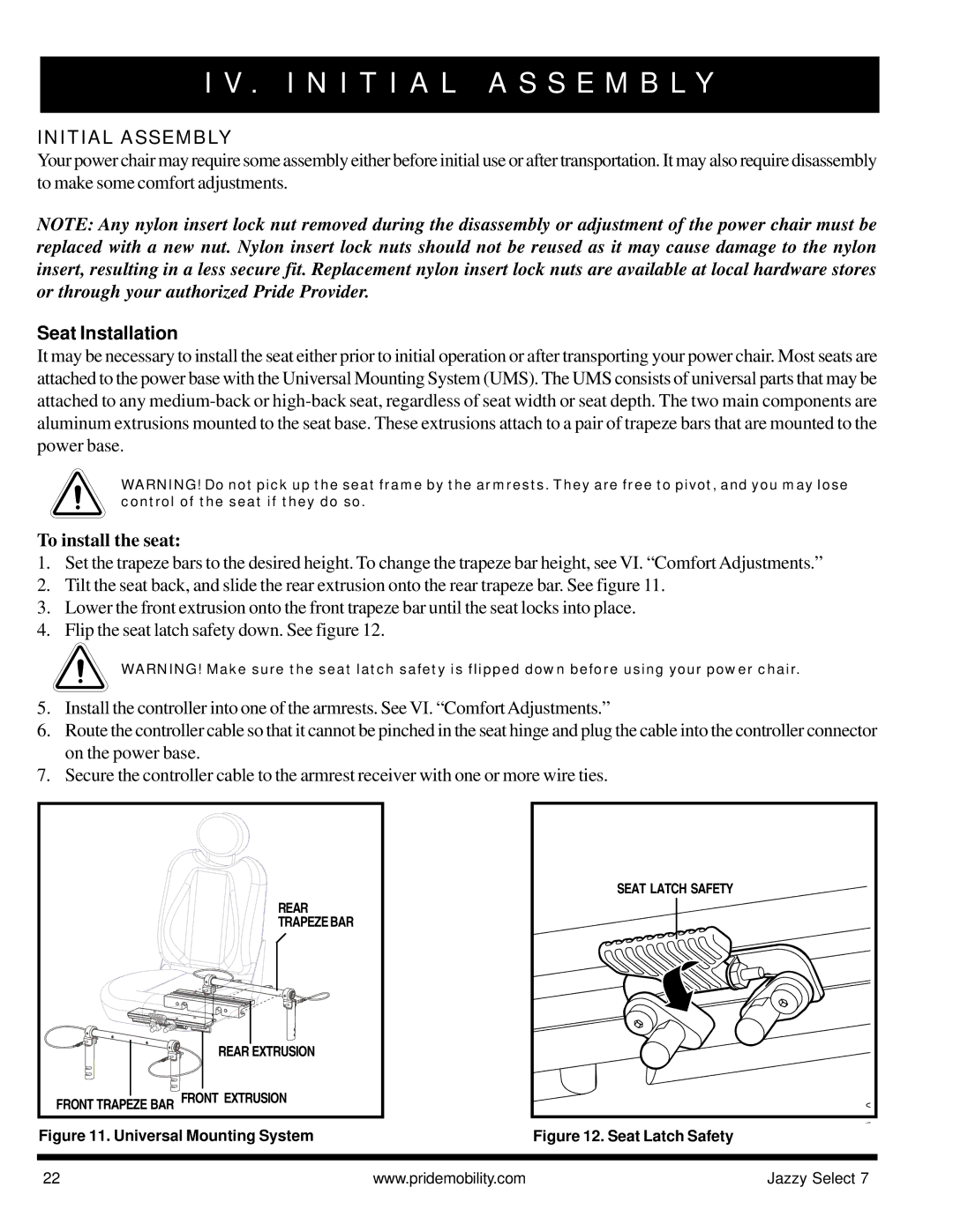 Pride Mobility Jazzy Select 7 I N I T I a L a S S E M B L Y, Initial Assembly, Seat Installation, To install the seat 