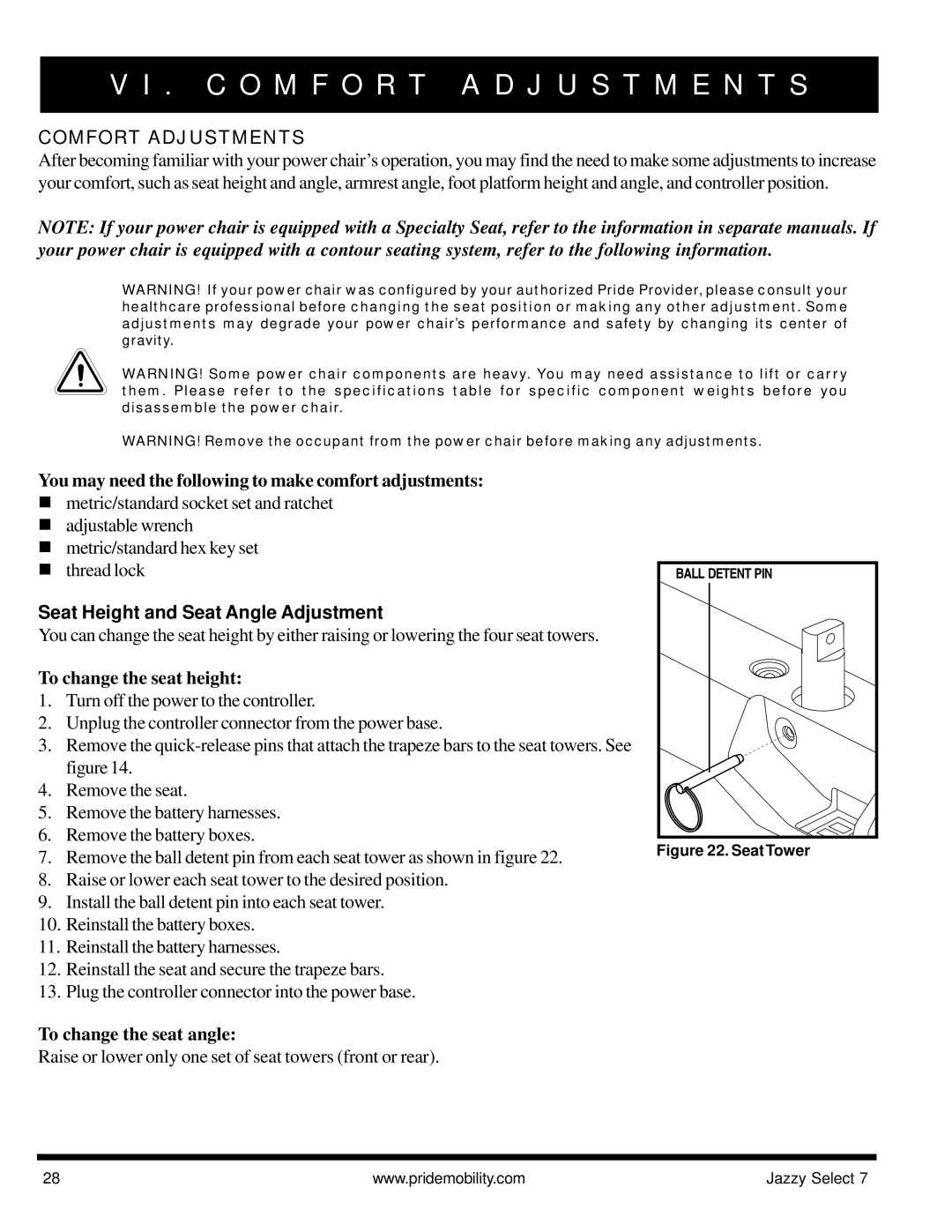 Pride Mobility Jazzy Select 7 manual C O M F O R T a D J U S T M E N T S, Comfort Adjustments 
