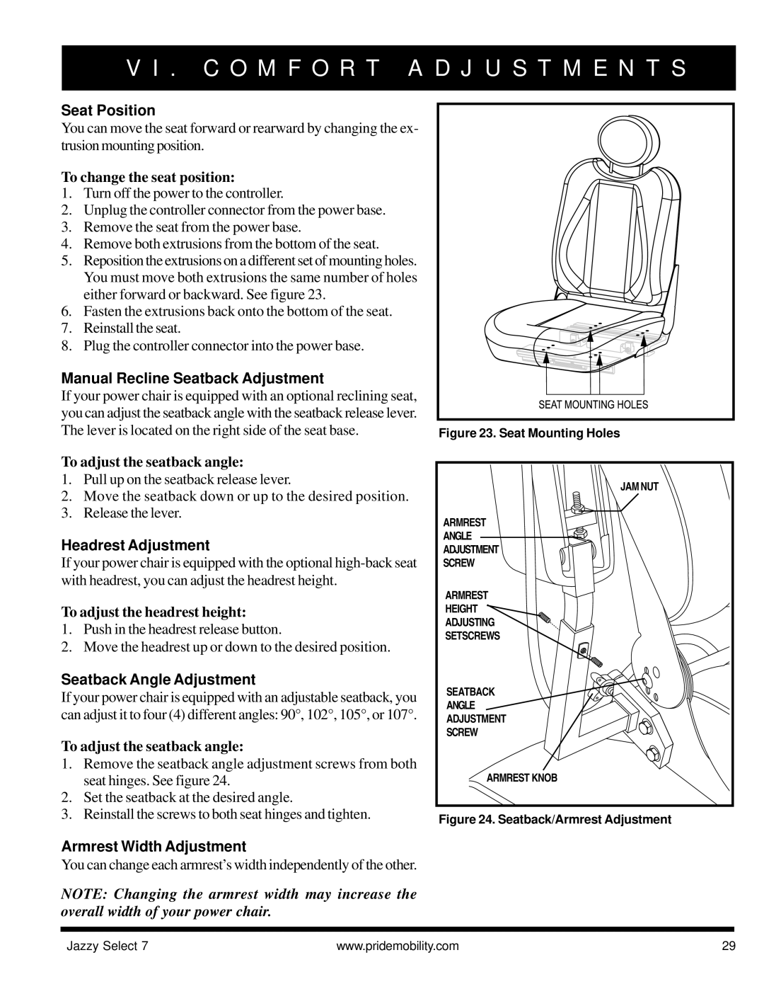 Pride Mobility Jazzy Select 7 manual Seat Position, Manual Recline Seatback Adjustment, Headrest Adjustment 