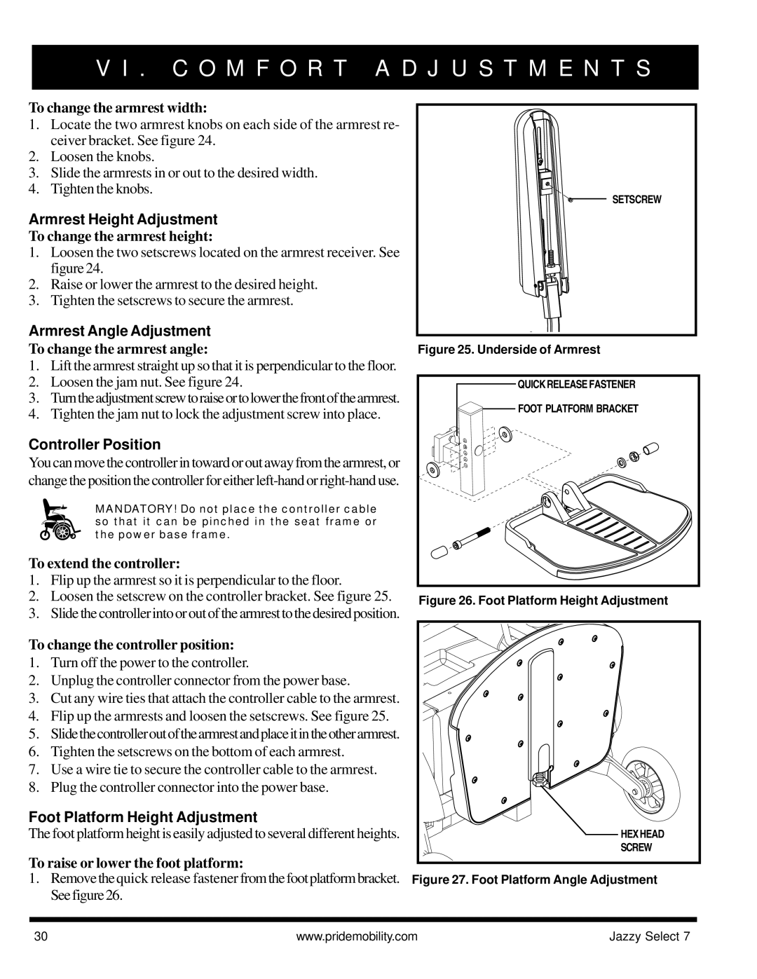 Pride Mobility Jazzy Select 7 manual Armrest Height Adjustment, Armrest Angle Adjustment, Controller Position 