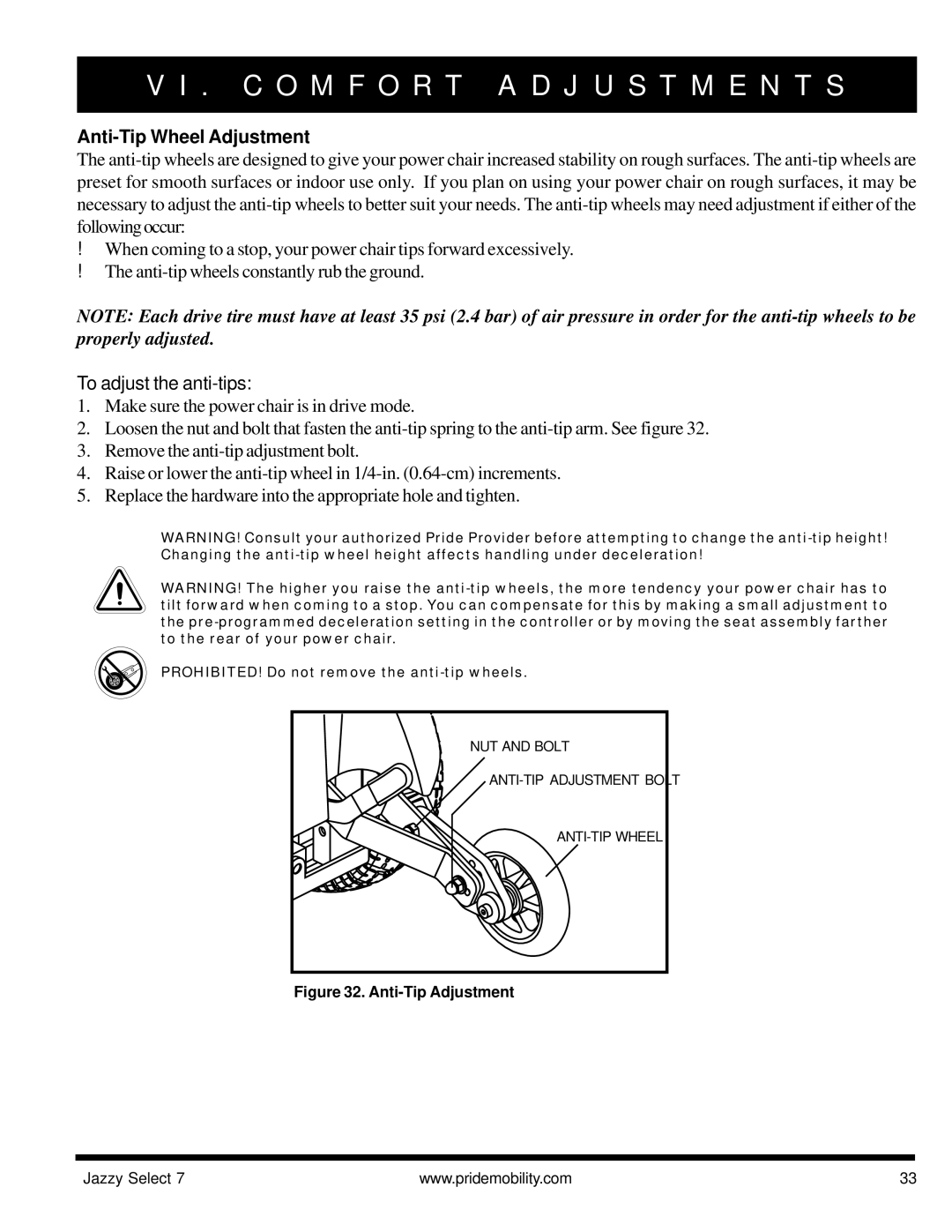 Pride Mobility Jazzy Select 7 manual Anti-Tip Wheel Adjustment, To adjust the anti-tips 