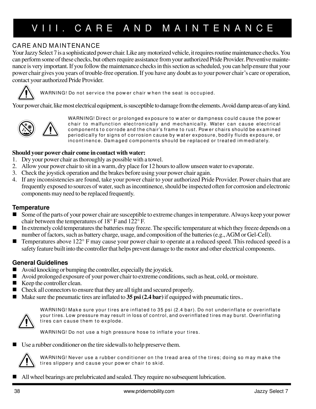Pride Mobility Jazzy Select 7 manual I I . C a R E a N D M a I N T E N a N C E, Care and Maintenance, Temperature 