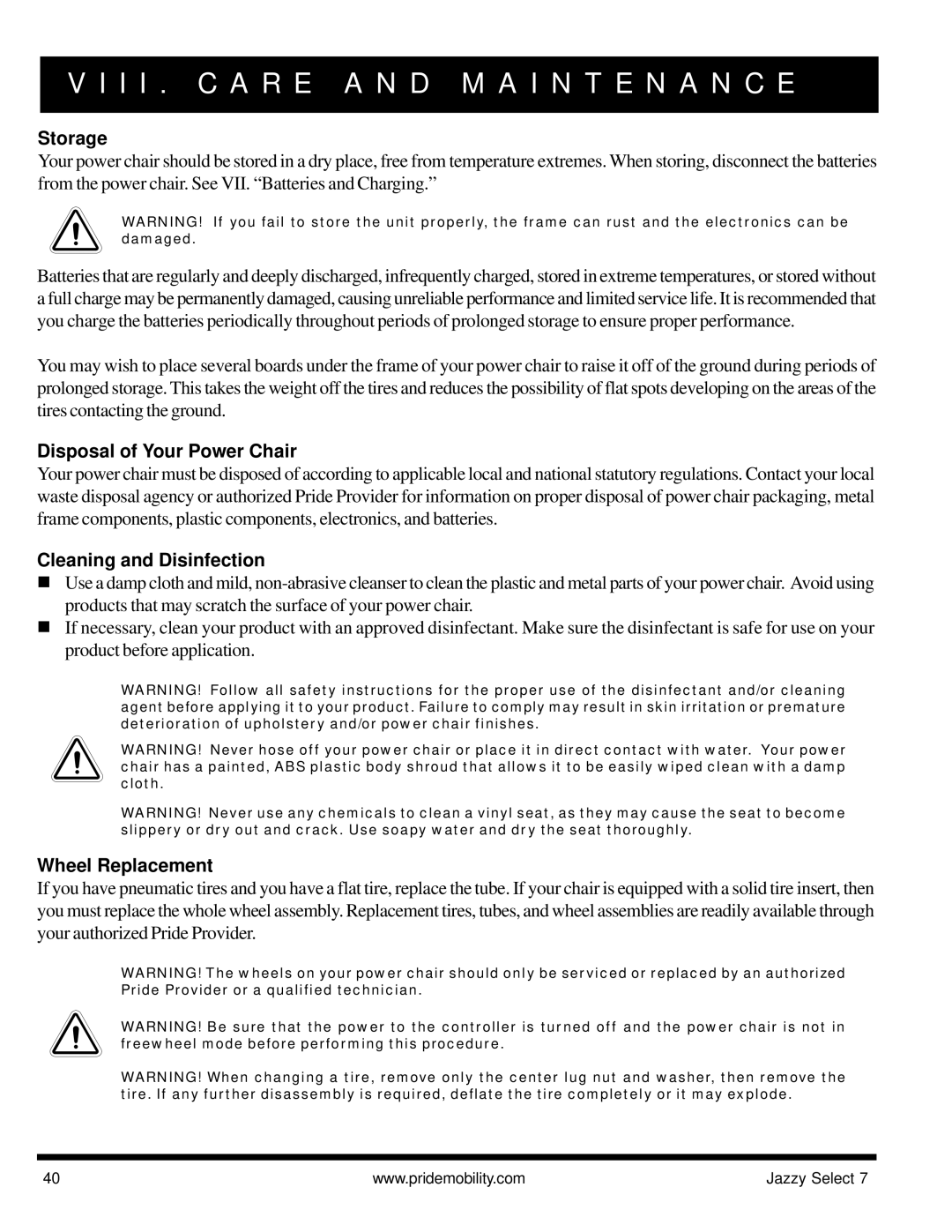 Pride Mobility Jazzy Select 7 manual Storage, Disposal of Your Power Chair, Cleaning and Disinfection, Wheel Replacement 