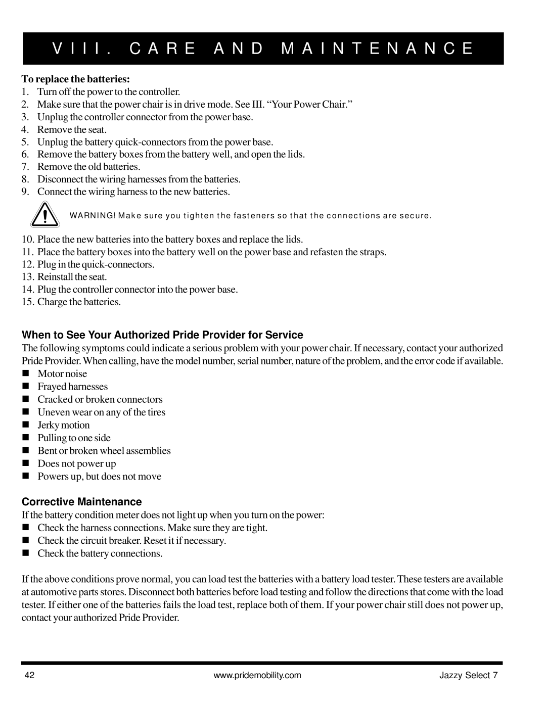 Pride Mobility Jazzy Select 7 manual To replace the batteries, When to See Your Authorized Pride Provider for Service 