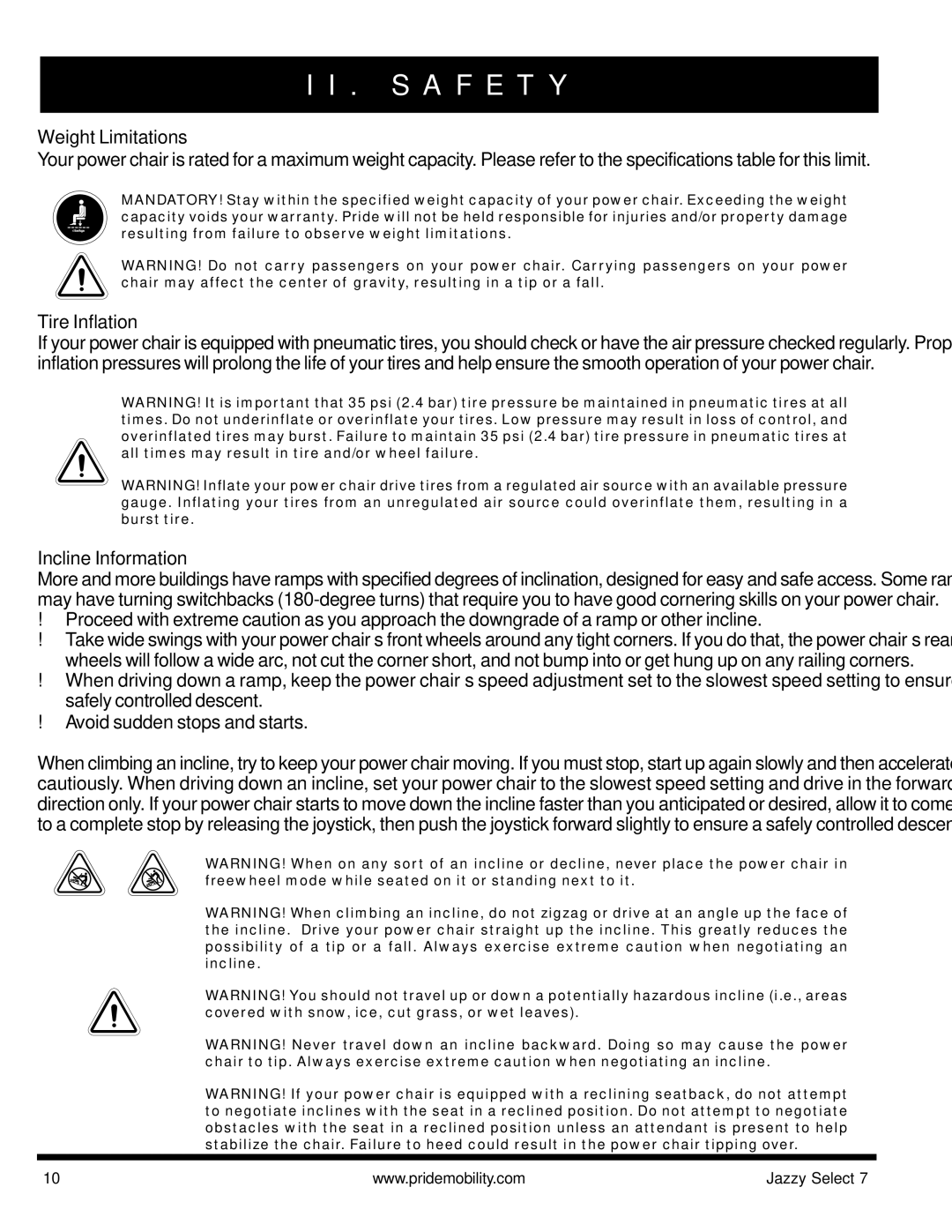 Pride Mobility Jazzy Select 7 manual Weight Limitations, Tire Inflation, Incline Information 
