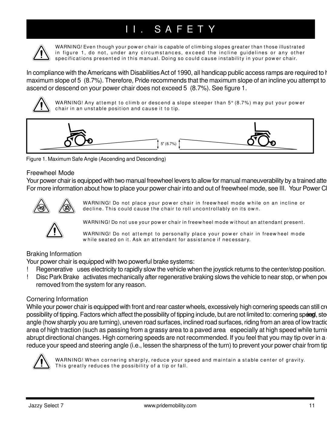 Pride Mobility Jazzy Select 7 manual Freewheel Mode, Braking Information, Cornering Information 