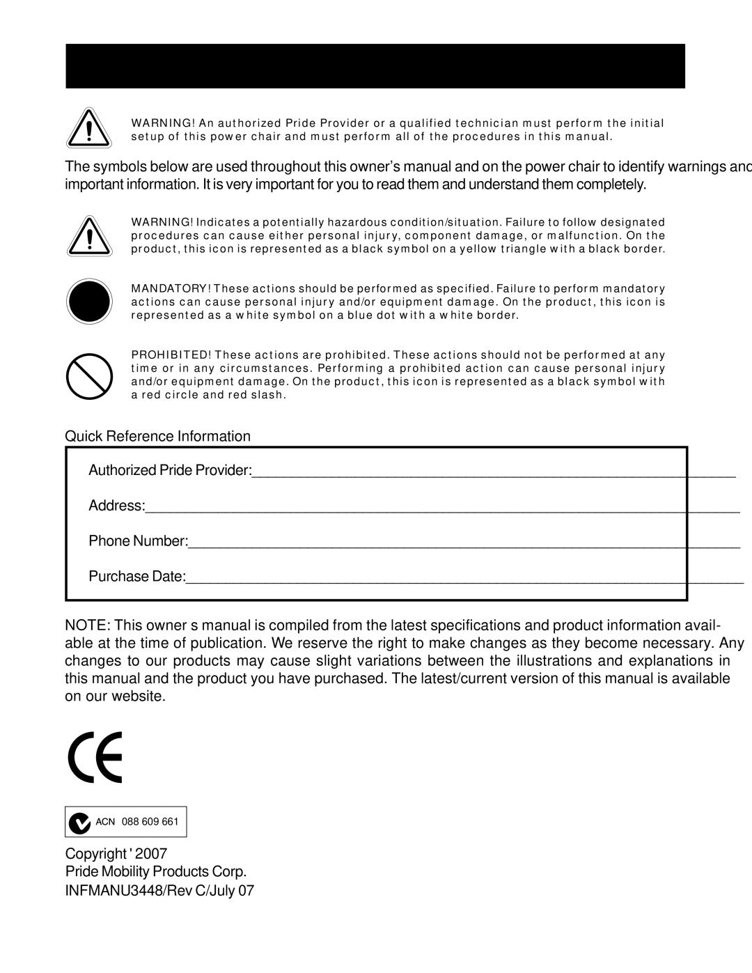 Pride Mobility Jazzy Select 7 manual F E T Y G U I D E L I N E S, Quick Reference Information 