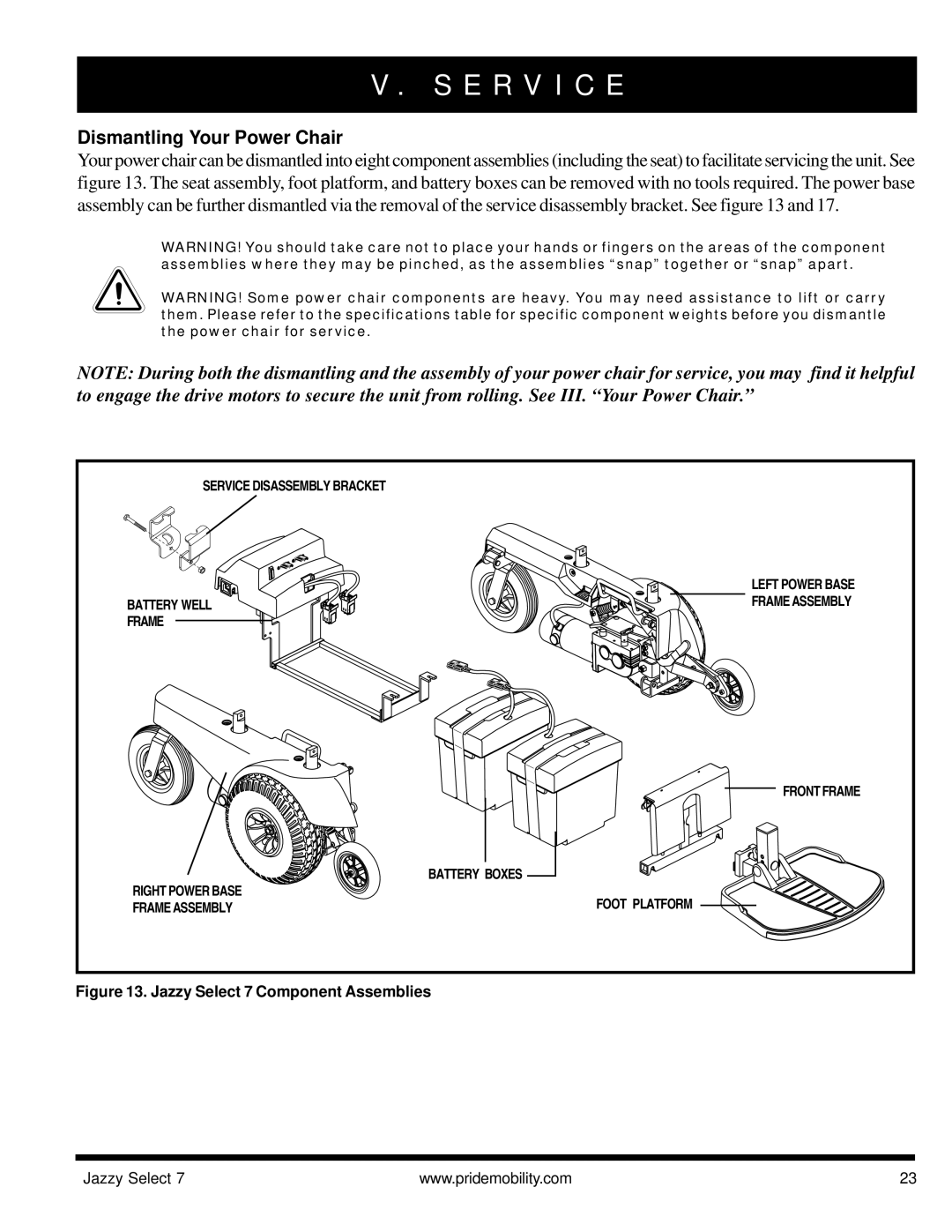 Pride Mobility Jazzy Select 7 manual E R V I C E, Dismantling Your Power Chair 