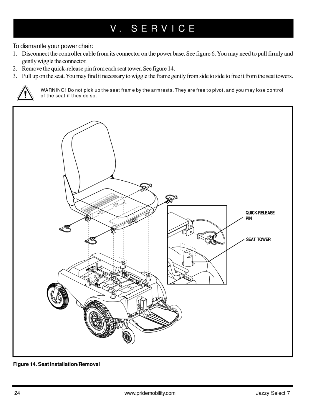 Pride Mobility Jazzy Select 7 manual To dismantle your power chair, Seat Installation/Removal 