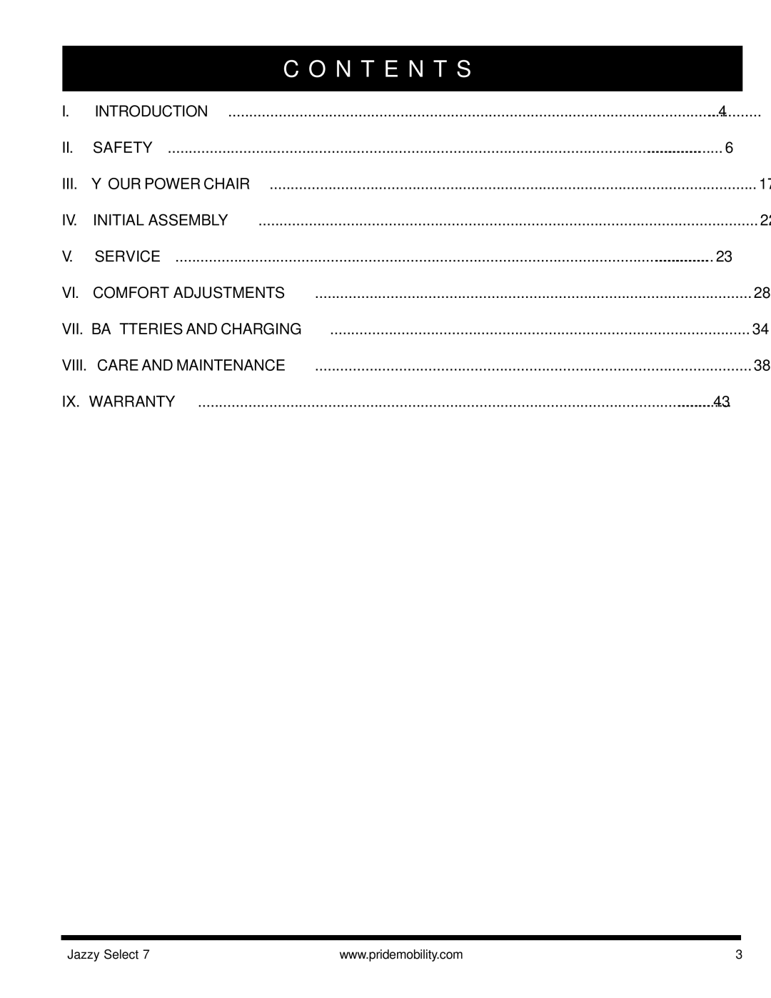 Pride Mobility Jazzy Select 7 manual N T E N T S, Iii 