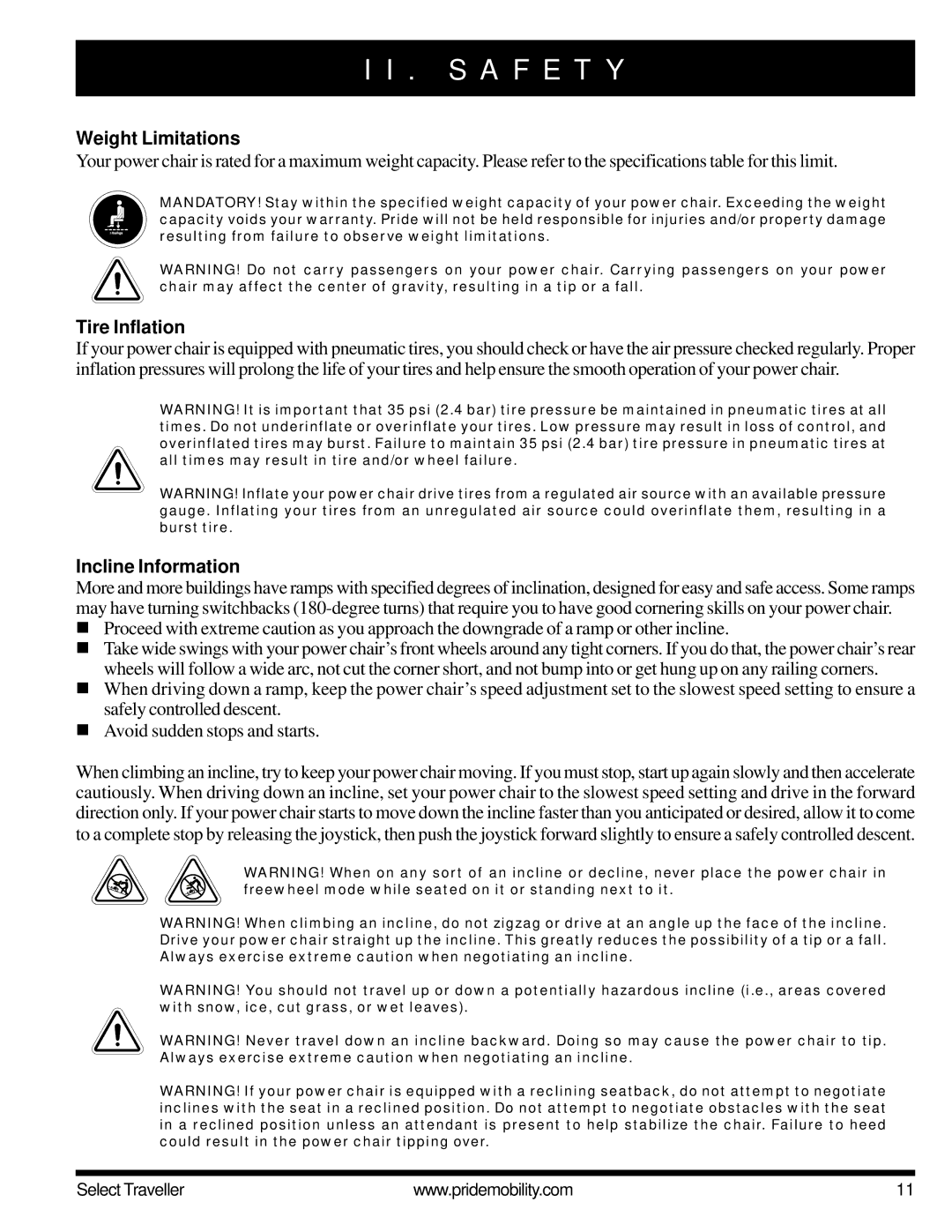 Pride Mobility Jazzy Select Series manual Weight Limitations, Tire Inflation, Incline Information 