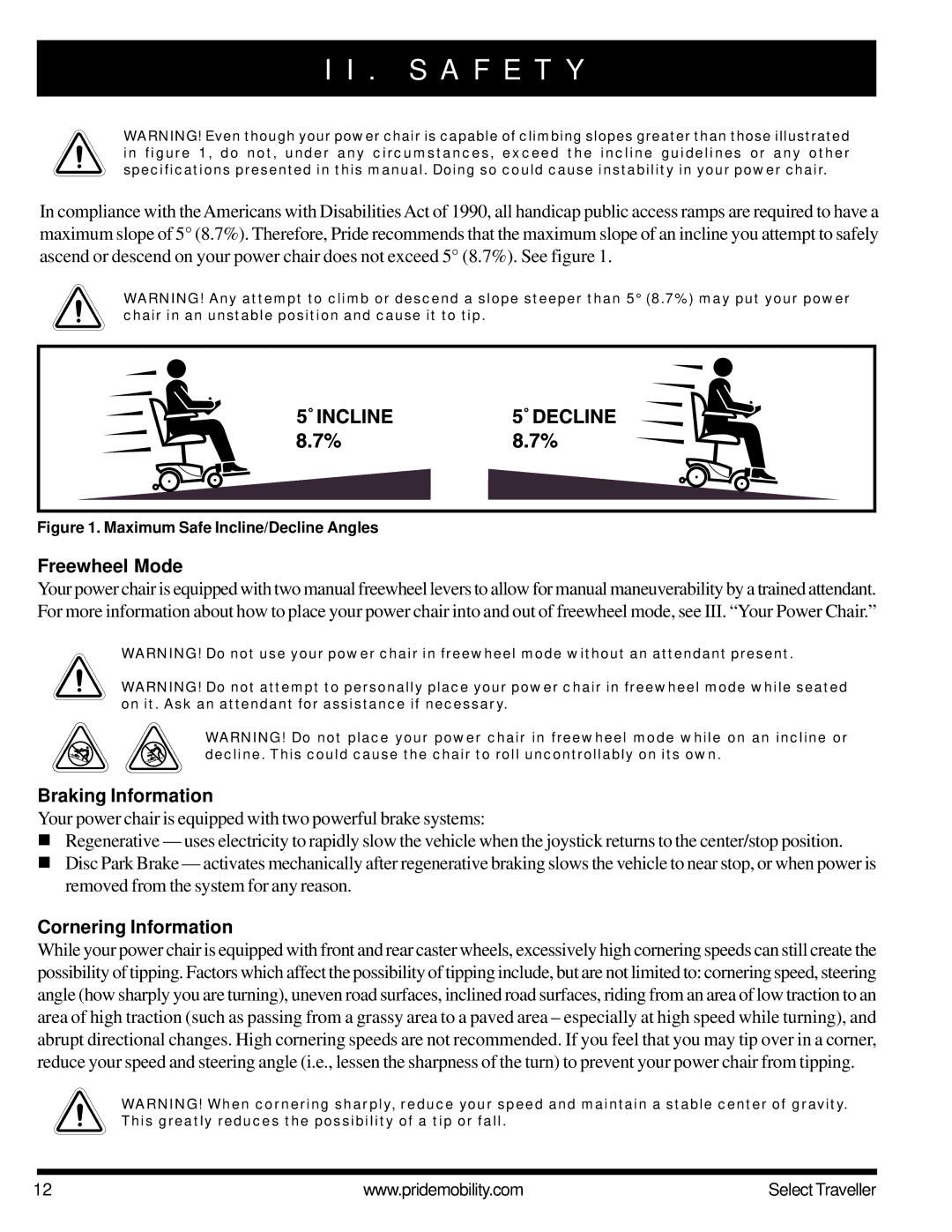 Pride Mobility Jazzy Select Series manual Freewheel Mode, Braking Information, Cornering Information 