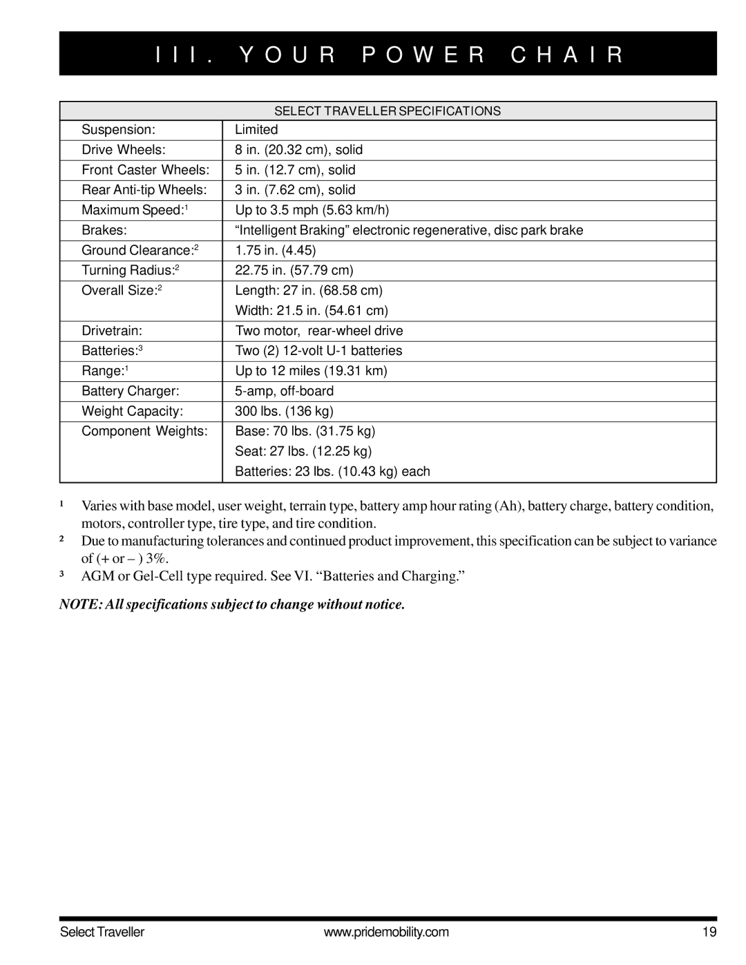 Pride Mobility Jazzy Select Series manual Selecttravellerspecifications 