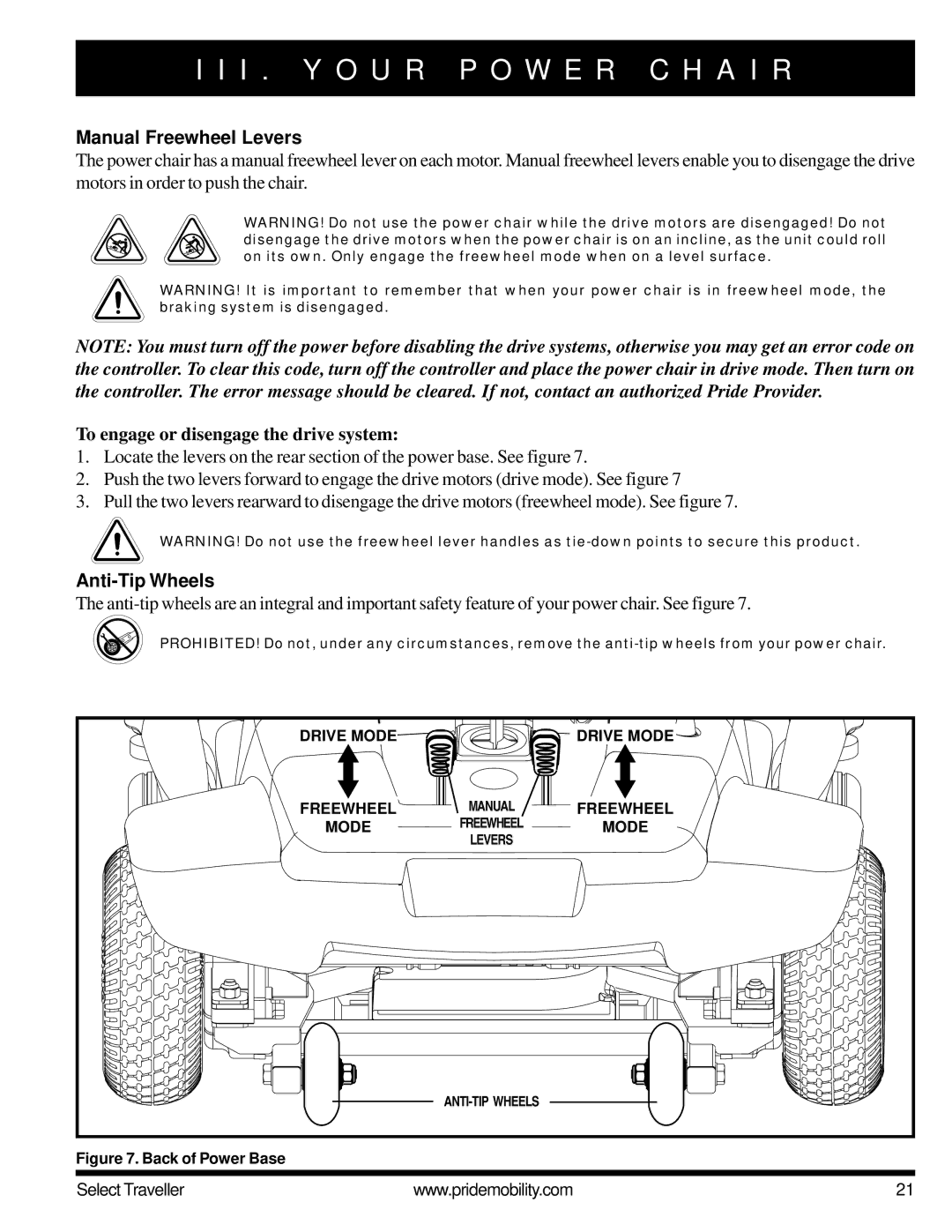 Pride Mobility Jazzy Select Series manual Manual Freewheel Levers, To engage or disengage the drive system, Anti-Tip Wheels 