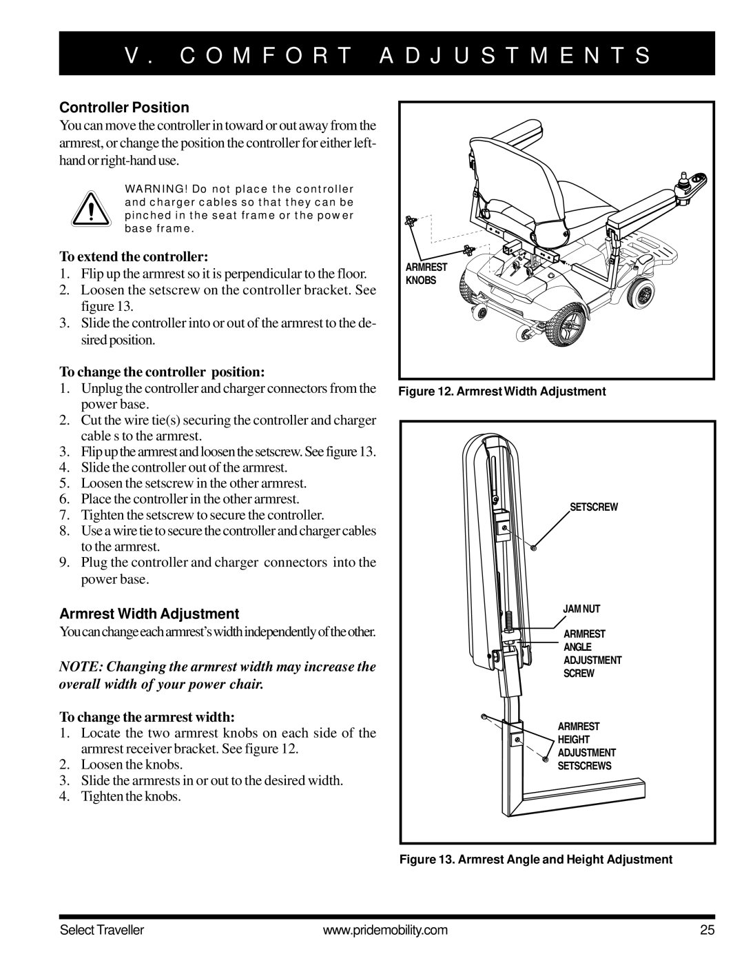 Pride Mobility Jazzy Select Series manual Controller Position, Armrest Width Adjustment 