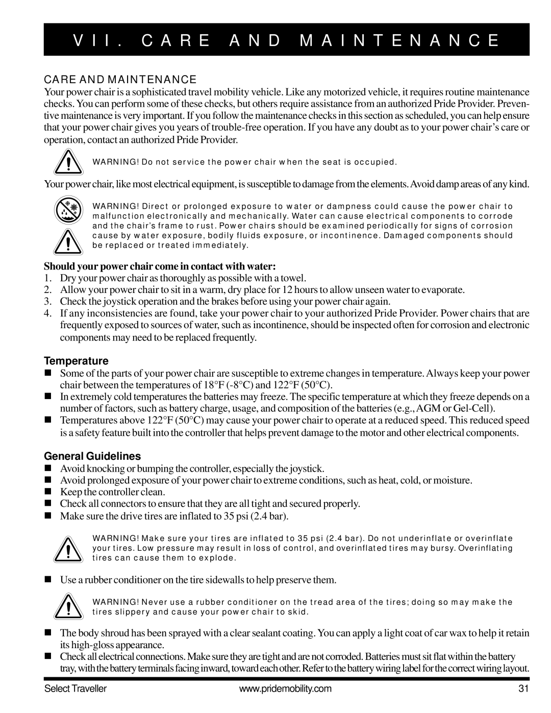 Pride Mobility Jazzy Select Series manual I . C a R E a N D M a I N T E N a N C E, Care and Maintenance, Temperature 