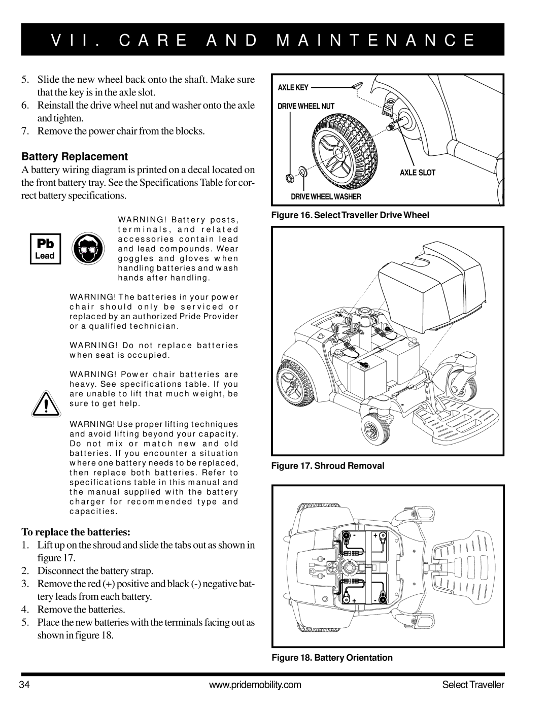 Pride Mobility Jazzy Select Series manual I . C a R E a N D, Battery Replacement, To replace the batteries 