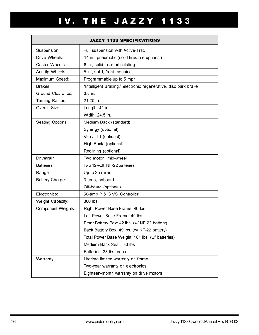 Pride Mobility Jazzy1133 owner manual Jazzy 1133 Specifications 