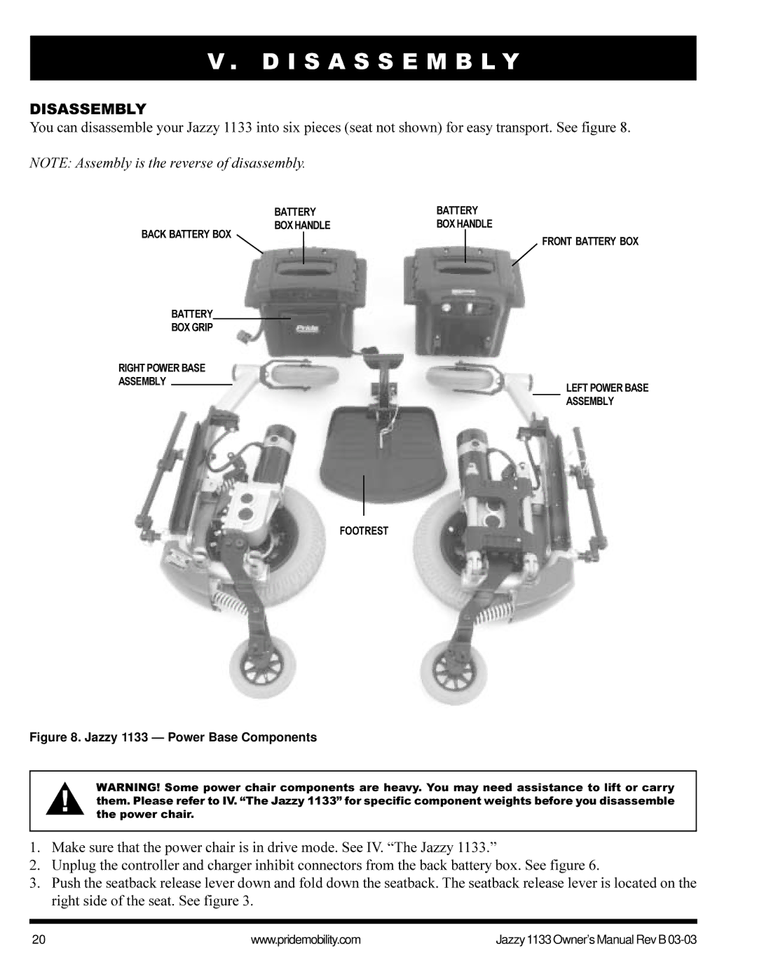 Pride Mobility Jazzy1133 owner manual I S a S S E M B L Y, Jazzy 1133 Power Base Components 