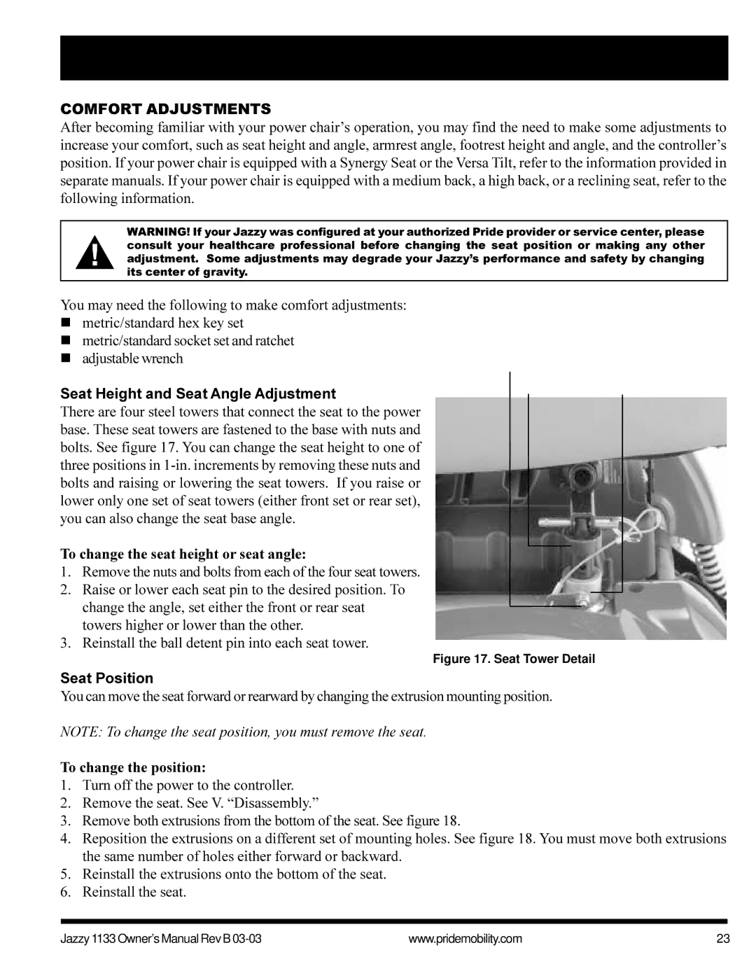 Pride Mobility Jazzy1133 owner manual C O M F O R T a D J U S T M E N T S, Comfort Adjustments 